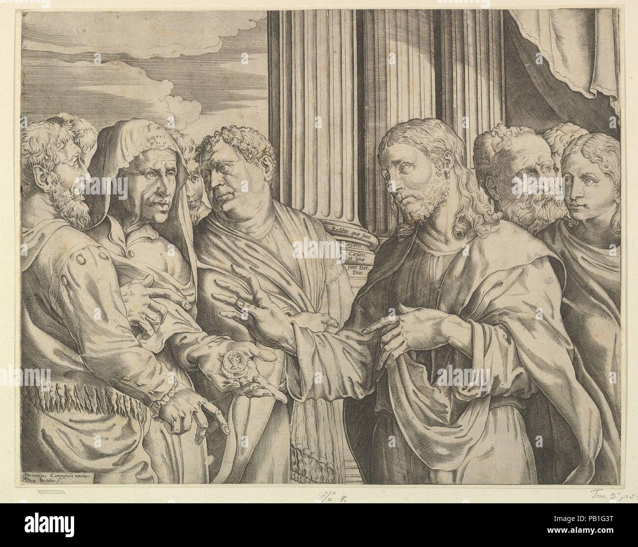 Die Triubute Geld: Christus in der Mitte der rechten Gestikulierend zu seiner Linken mit Münzen in der Hand, die anderen Figuren, die sie umgibt, Spalten und Vorhänge im Hintergrund an den Menschen. Artist: Nach Domenico Campagnola (Italienisch, Venedig (?) 1500-1564 Padua). Abmessungen: Blatt (auf Platte): 13 1/4 x 16 3/4 in. (33,5 × 42,6 cm). Herausgeber: veröffentlicht und/oder von Luca Bertelli (Italienisch, aktive 1564-89) eingraviert. Datum: Ca. 1564-89. Museum: Metropolitan Museum of Art, New York, USA. Stockfoto