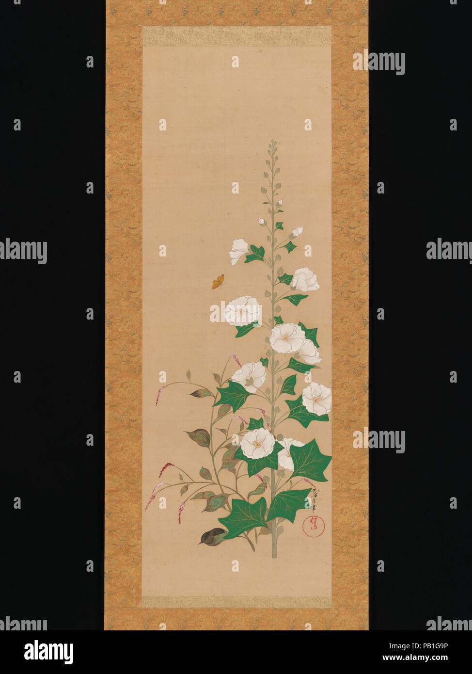 Stockrosen und Prince's - Feder Blumen. Artist: Sakai Oho (Japanisch, 1808-1841). Kultur: Japan. Abmessungen: Bild: 40 1/2 in. X 14 in. (102,9 × 35,6 cm) Insgesamt mit Montage: 76 1/8 x 19 7/16 in. (193.3 × 49,3 cm) Insgesamt mit den Knöpfen: 76 1/8 x 21 5/16 in. (193.3 × 54,1 cm). Datum: Anfang des 19. Jahrhunderts. Viele Gemälde von Sakai Oho, einschließlich dieser, basieren auf oder direkt durch die Arbeit der Sakai Hoitsu inspiriert, seinen Adoptivvater und Lehrer. Hoitsu kein Zweifel hatte große Hoffnungen für Oho, aber er starb in seinem Anfang der 30er Jahre und ließ einen vergleichsweise kleinen Körper der Arbeit. Stockrosen (tachiaoi) -- Stockfoto