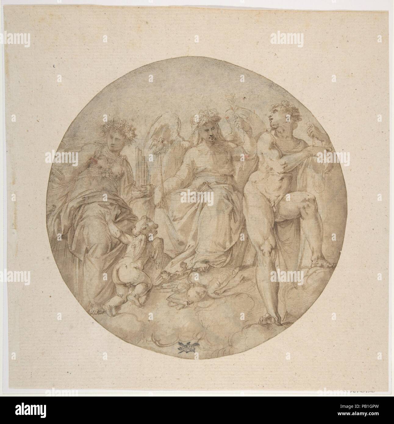 Drei allegorische Figuren in einem ROUNDEL. Artist: Battista Franco (Italienisch, Venedig Ca. 1510-1561 Venedig). Abmessungen: 7 5/8 x 7 5/8 in. (19,3 x 19,3 cm) Durchmesser. Datum: 1510-61. Museum: Metropolitan Museum of Art, New York, USA. Stockfoto