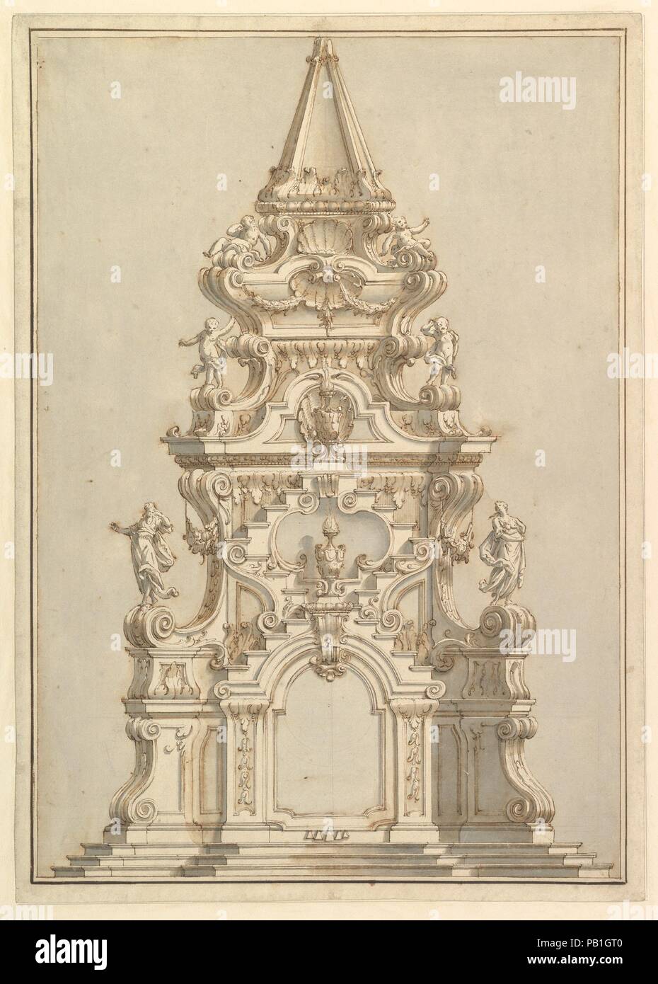 Höhe für einen Katafalk durch gedrungenen Obelisken, mit Statuen von Putti und weibliche Figuren geschmückt überwunden. Artist: Workshop von Giuseppe Galli Bibiena (Italienisch, Parma 1696-1756 Berlin). Abmessungen: 20 x 14 3/16 in. (50,8 x 36 cm). Datum: 1696-1756. Museum: Metropolitan Museum of Art, New York, USA. Stockfoto