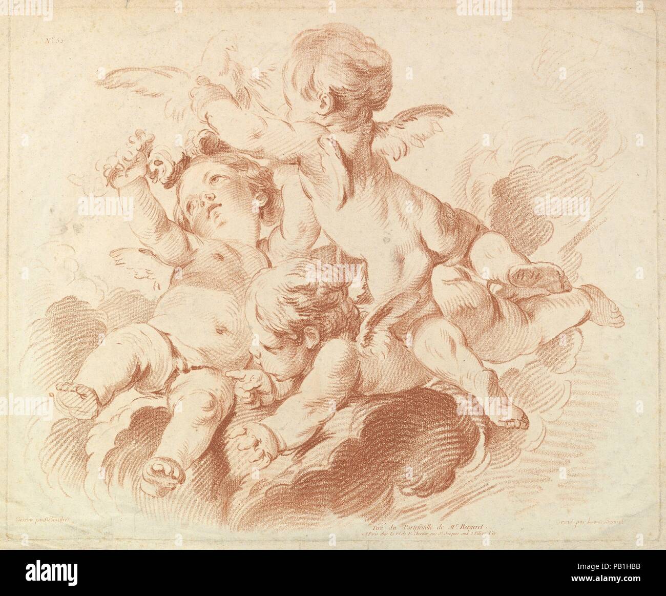 L'Air (Luft): eine Gruppe von Drei Putti auf Wolken. Artist: Nachdem François Boucher (Französisch, Paris 1703-1770 Paris); Louis Marin Motorhaube (Französisch, Paris 1736-1793 Saint-Mandé, Val-de-Marne). Maße: Blatt: 20 5/8 x 15 7/8 in. (52,4 x 40,3 cm) Platte: 17 11/16 x 14 7/16 in. (45 x 36,6 cm). Datum: 18. Museum: Metropolitan Museum of Art, New York, USA. Stockfoto