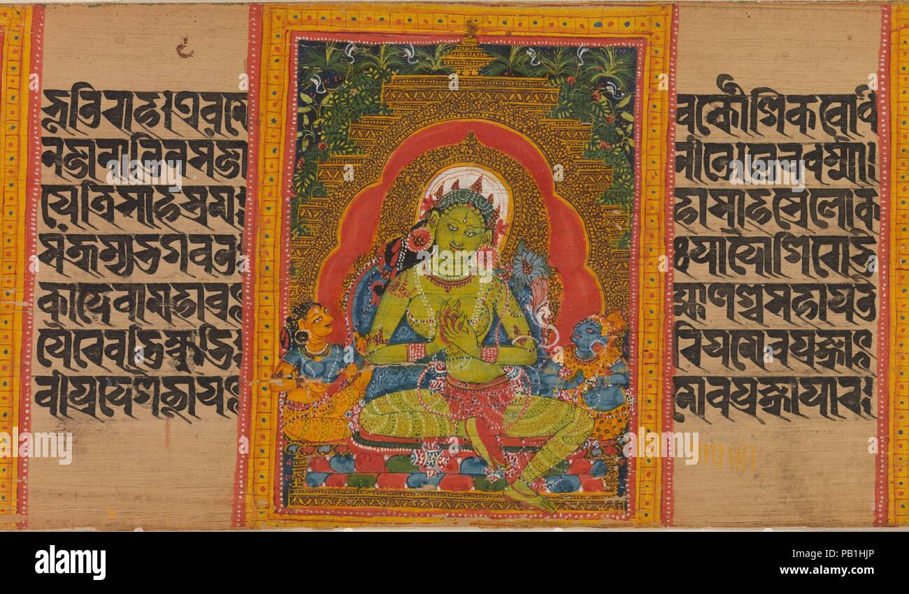 Grüne Tara, Folio aus einer verteilten Ashtasahasrika Prajnaparamita (Vollkommenheit der Weisheit) Manuskript. Kultur: Indien (Bengalen) oder Bangladesch. Abmessungen: 2 3/4 x 16 1/2 in. (7 x 41,9 cm). Datum: Anfang des 12. Jahrhunderts. Verankerten Bild der Grünen Tara mit Anhänger Bein und Anzeige eines blauen Lotus, mit zwei weiblichen Begleiter, einem Betrieb einen Vajra; die andere, Mahakali, Holding a Häutungsmesser und skullcup (KAPALA). Museum: Metropolitan Museum of Art, New York, USA. Stockfoto