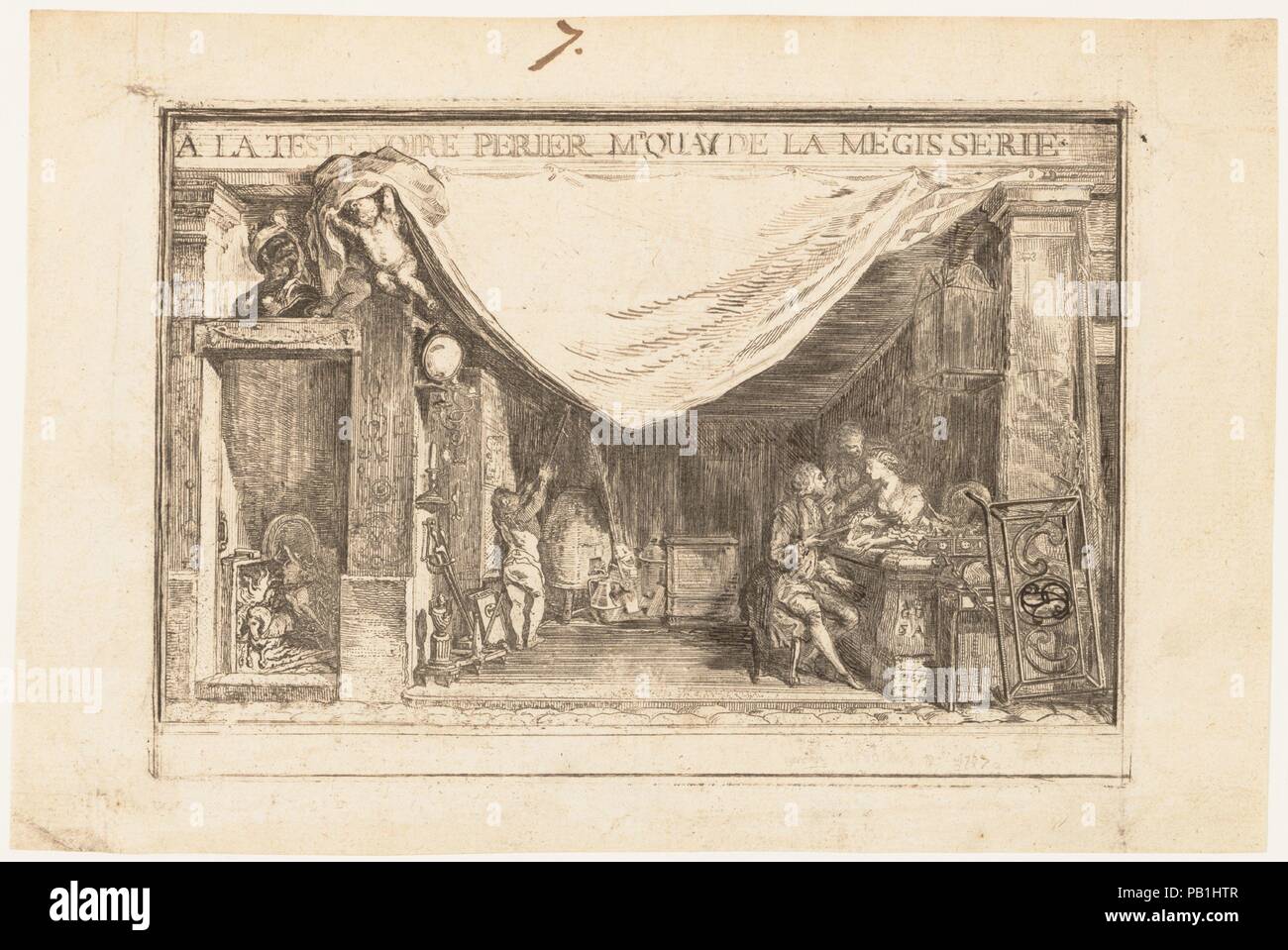 Der Shop von M. Périer, Schmiedearbeiten Kaufmann. Artist: Gabriel de Saint-Aubin (Französisch, Paris 1724-1780 Paris). Maße: Blatt: 6 1/8 x 9 1/4 in. (15,5 x 23,5 cm) Bild: 4 15/16 x 7 1/8 in. (12,5 x 18,1 cm). Datum: 1767. Dieses Design für eine Visitenkarte oder eine Ansage zeigt ein eisenhändler Shop, als ob der Fassade entfernt wurden, präsentiert das Interieur einen theatralischen Tableau. In einer Einstellung mit waren vollgestopft, ein männlicher Kunde bespricht die Verdienste eines Schlosses mit einem weiblichen Mitarbeiter. Dieser Eindruck ist eine frühe, unfertigen Zustand, auf dem die Künstlerin bestimmte Zusätze in Feder und Tinte zu Wh angeben Stockfoto