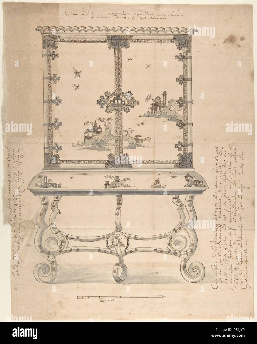 Design für ein Chinesisches Lackkabinett. Artist: Anonym, Deutschen, 18. Jahrhundert; Art und Weise von Martin Schnell (Central European, Bremen Ca. 1675-1740 Dresden (?)). Maße: Blatt: 15 13/16 x 12 3/16 in. (40,2 x 30,9 cm). Datum: Ca. 1720-30. Dieses Design für ein lackkabinett spiegelt das europäische Interesse im Orient, die im 17. Jahrhundert entstanden, wenn Handelswege nach Osten wurden mehr und mehr frequentiert. Vor allem während der späten Barock und Rokoko, Designs, die von der asiatischen Kunst inspiriert wurden im Innenraum und Lack arbeiten Möbel integriert, oder Nachahmungen davon in hig Waren Stockfoto