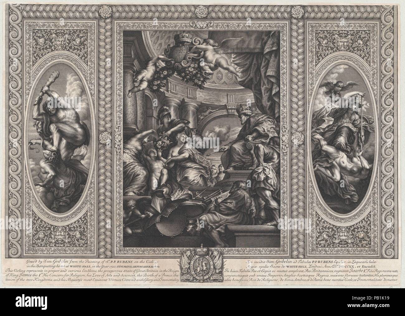 Eine allegorische Szene, die Vorteile von James' Herrschaft in der Mitte, weisen Regierung trampling Aufstand an Recht und Freiheit trampling Geiz auf der linken Seite. Artist: Nach Peter Paul Rubens (Flämische, Siegen 1577-1640 Antwerpen); Simon Gribelin II (Paris 1661-1733, Aktiv, London). Abmessungen: Blatt (getrimmte): 13 1/16 x 18 5/16 in. (33,1 × 46,5 cm). Sitter: James I., König von England, Schottland und Irland (Edinburgh 1566-1625 Theobalds). Datum: 1720. Nach dem Deckengemälde von Bankett- Haus in Whitehall, London. Museum: Metropolitan Museum of Art, New York, USA. Stockfoto