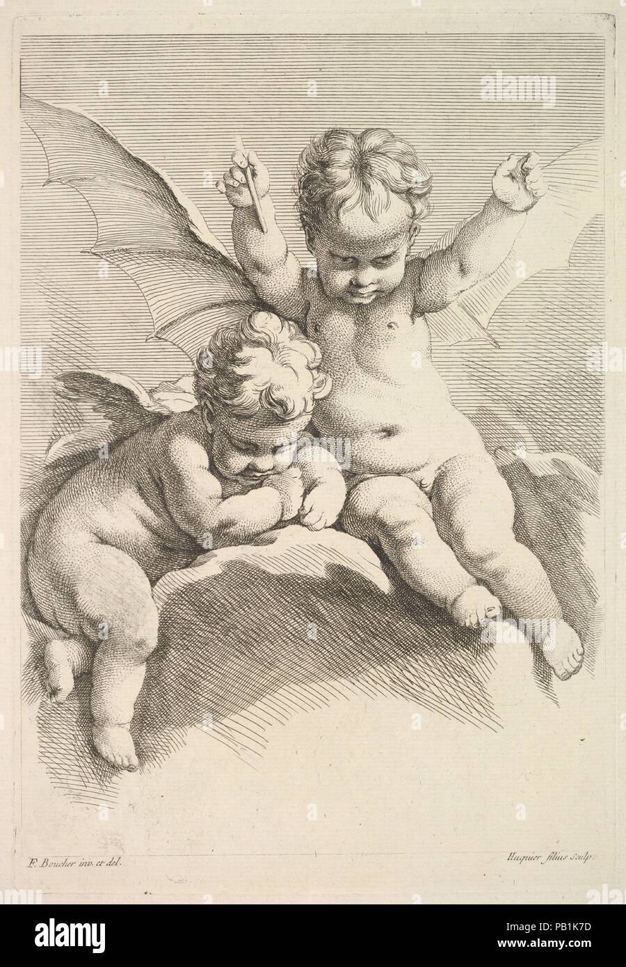 Zwei Amoretten, eine mit Fledermaus Flügel. Artist: Nachdem François Boucher (Französisch, Paris 1703-1770 Paris); Jacques Gabriel Huquier (Französisch, Paris 1730-1805 Shrewsbury). Maße: Blatt: 18 in. × 11 15/16 in. (45,7 × 30,3 cm) Platte: 7 3/8 x 10 11/16 in. (18,7 × 27,2 cm). Serie/Portfolio: Fünftes Buch der Gruppen von Kindern (Stufe cinquième Livre de grouppes d'enfans). Datum: Mitte bis Ende des 18. Jahrhunderts. Museum: Metropolitan Museum of Art, New York, USA. Stockfoto