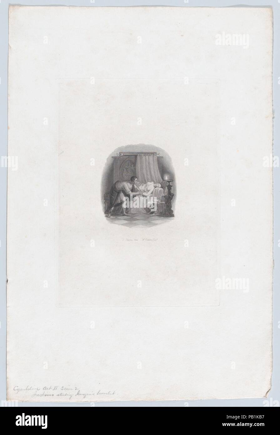 Imogen und Iachimo (Shakespeare, Cymbeline, Akt 2, Szene 2). Artist: Nach Thomas Uwins (Briten, London 1782-1857 Staines). Abmessungen: Platte: 9 13/16 x 7 1/16-in. (25 × 18 cm): 17 1/8 x 11 9/16 in. (43,5 × 29,4 cm). Engraver: William Ensom (British, 1796-1832)). Herausgeber: Hurst, Robinson & Co. (London); Robert Jennings, London. Betrifft: William Shakespeare (Britisch, Stratford-upon-Avon 1564-1616 Stratford-upon-Avon). Datum: 1827. Museum: Metropolitan Museum of Art, New York, USA. Stockfoto