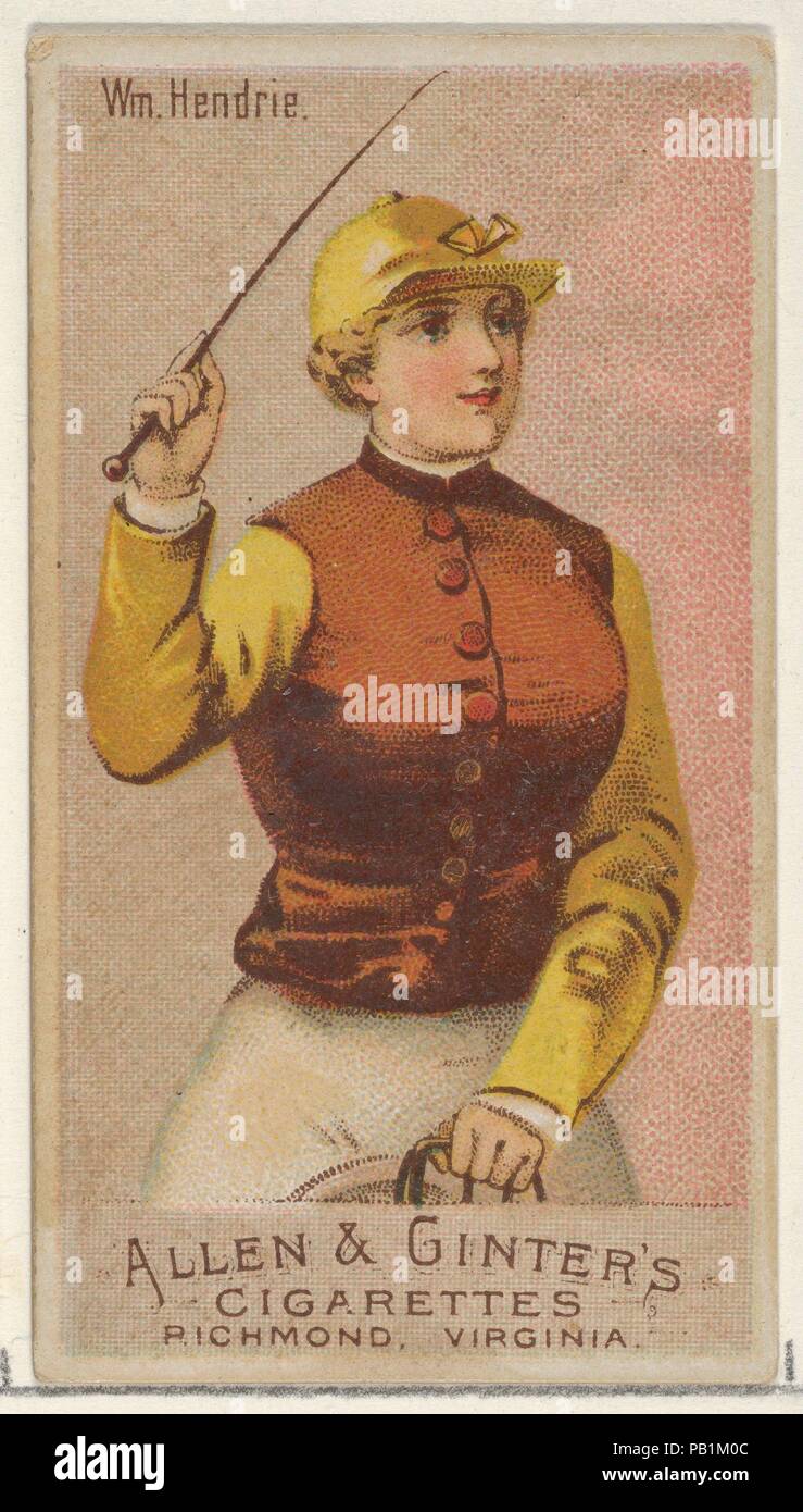 William Hendrie, aus der Racing Farben der World Series (N22a) für Allen & Ginter Zigaretten. Maße: Blatt: 2 3/4 x 1 1/2 in. (7 x 3,8 cm). Herausgeber: Allen&Ginter (Amerikanische, Richmond, Virginia). Datum: 1888. Handel Karten aus dem 'Racing Farben der Welt'-Reihe (N22a), im Jahre 1888 in einer Reihe von 50 ausgestellten Karten Allen&Ginter Marke Zigaretten zu fördern. Die Serie wurde in zwei Varianten veröffentlicht. N22a ist mit einem weißen Rand um den Umfang jeder Karte und N 22 b nicht. Museum: Metropolitan Museum of Art, New York, USA. Stockfoto