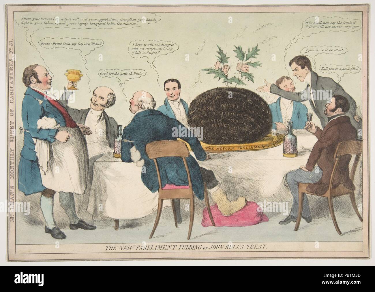 Das neue Parlament Pudding oder John Bull's behandeln. Artist: Anonyme, Briten, 19. Maße: Blatt: 9 15/16 x 14 1/16-in. (25,2 x 35,7 cm). Herausgeber: Thomas McLean (Briten, aktive London 1788-1885). Datum: Ca. 1832. John Bull steht links, während eine Gruppe von Menschen um einen Tisch, auf dem Sitzen liegt ein riesiges Pudding. Mit der Platte ist beschriftet: "Die Reform des Europäischen Parlaments. Aus dem Pudding steigt ein Dampf von 'Whiggism'. Holly Blätter klemmt in der oberen enthalten die Gesichter der Politiker. Museum: Metropolitan Museum of Art, New York, USA. Stockfoto