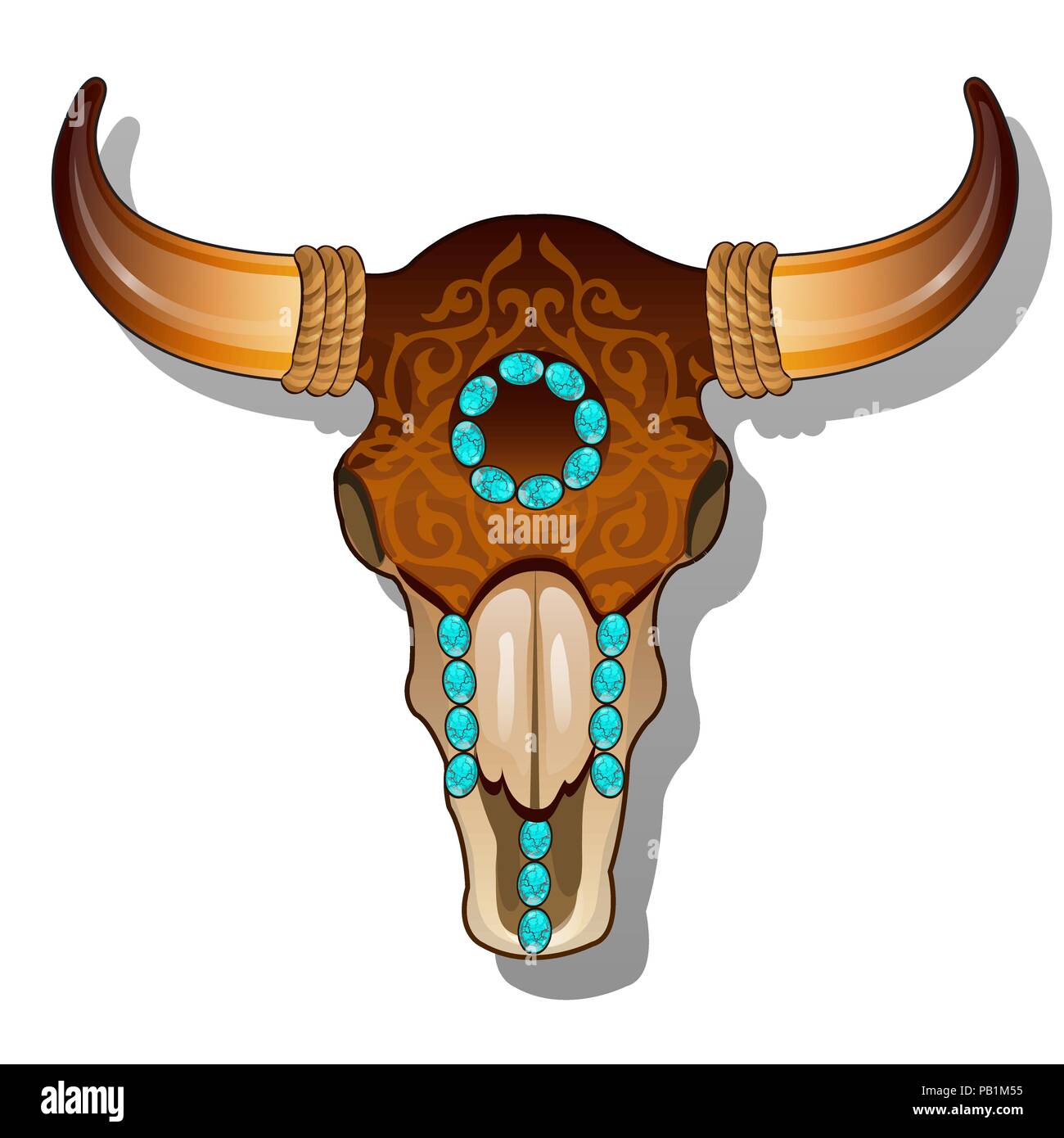Reich verzierte Kuh Schädel mit Türkis Edelsteine. Vektor cartoon Close-up Abbildung. Stock Vektor