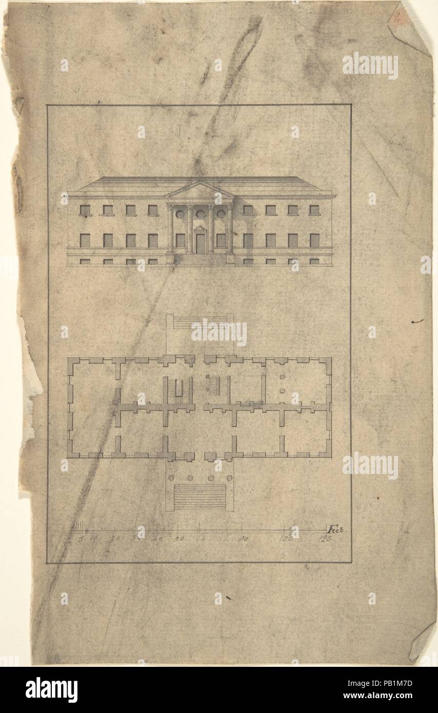 Plan und Erhöhung von Country House. Artist: Nachdem Robert Morris (Britisch, Twickenham, Surrey Ca. 1701-1754 London). Maße: Blatt: 8 5/8 x 5 3/8 in. (21,9 x 13,7 cm). Datum: Anfang bis Mitte des 18. Jahrhunderts. Museum: Metropolitan Museum of Art, New York, USA. Stockfoto