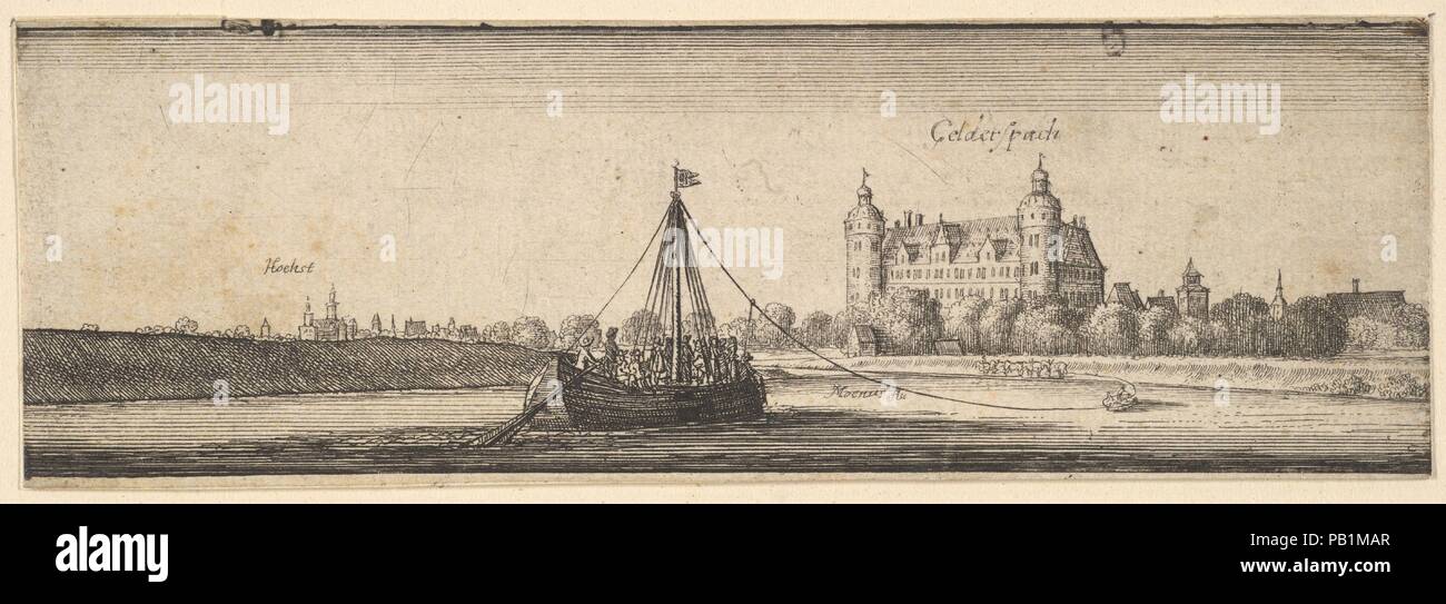 Kelsterbach Castle in der Nähe von Höchst am Main. Artist: Wenzel Hollar (Böhmische, Prag 1607-1677 London). Maße: Blatt: 1 3/4 x 5 3/8 in. (4,5 × 13,7 cm) schneiden Sie in Bild an den Seiten C. 3 cm. Serie/Portfolio: Blick auf den Fluss Deutschlands und der Niederlande, von 12. Datum: 1642-44. Blick auf Kirchheim/Teck Schloss vom Main, mit überfüllten Barge im Vordergrund von Pferden gezogene; Höchst am Main in der Ferne auf der linken Seite. Eines der 12 views in Deutschland, früher in einem Album, jetzt flach. Nach Vertue, diese Drucke auf der Grundlage von Zeichnungen im Jahr 1632 beim Hollar machte eine Rheinreise fro Stockfoto