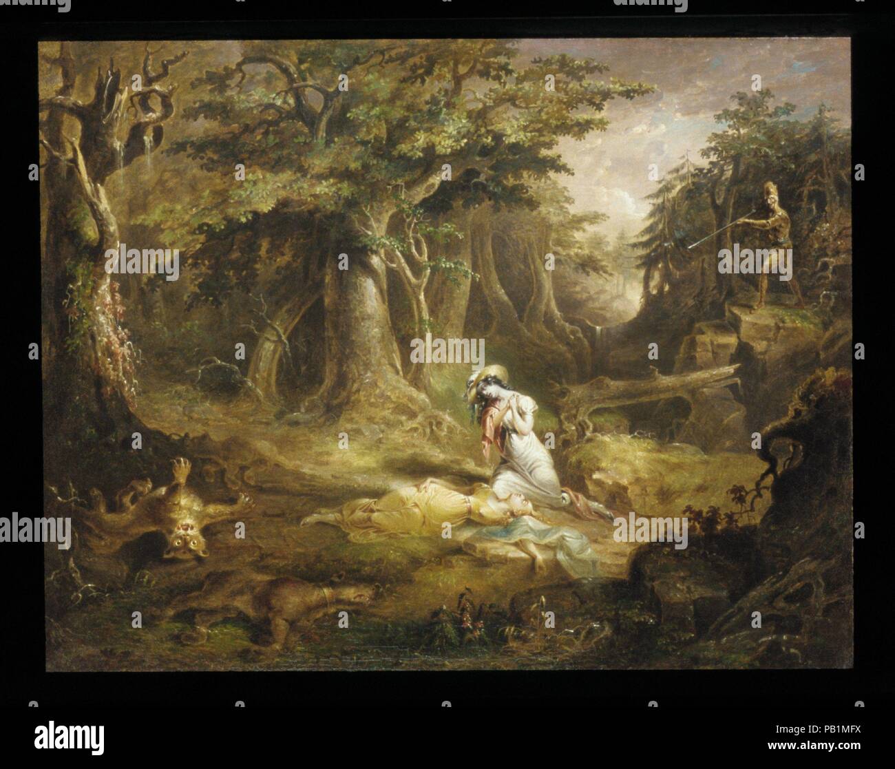 Lederstrumpf's retten. Artist: John Quidor (1801-1881). Abmessungen: 26 x 34 in. (66 x 86,4 cm). Datum: 1832. Gleichzeitig besser für seine Malerei auf der Grundlage der Schriften von Washington Irving bekannt, Quidor malte auch Szenen aus der beliebten Romanen von James Fenimore Cooper. In dieser Episode von den Pionieren (1823), die woodsman Natty Bumppo, auch als Lederstrumpf bekannt, rettet Zwei lieblich junge Frauen von einer weiblichen Panther, die in ihr Junges schützen, ihren Hund zerstört und dann gedreht, drohend, zu Ihnen. Quidor erweiterte das Fantastische und schrecklichen Aspekte der Geschichte in die hoch Stilisieren Stockfoto