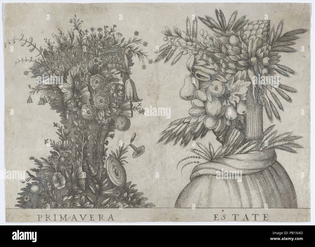 Frühling und Sommer: zwei Köpfe von Flora typisch für die Jahreszeiten. Artist: Anonyme, Italienisch, vom 16. bis zum frühen 17. Jahrhundert; inspiriert von Giuseppe Arcimboldo (Italienisch, Mailand (?) 1527?-1593 Mailand). Maße: Blatt: 6 3/8 x 9 1/16 in. (16,2 × 23 cm). Datum: Ca. 1580-1620. Museum: Metropolitan Museum of Art, New York, USA. Stockfoto