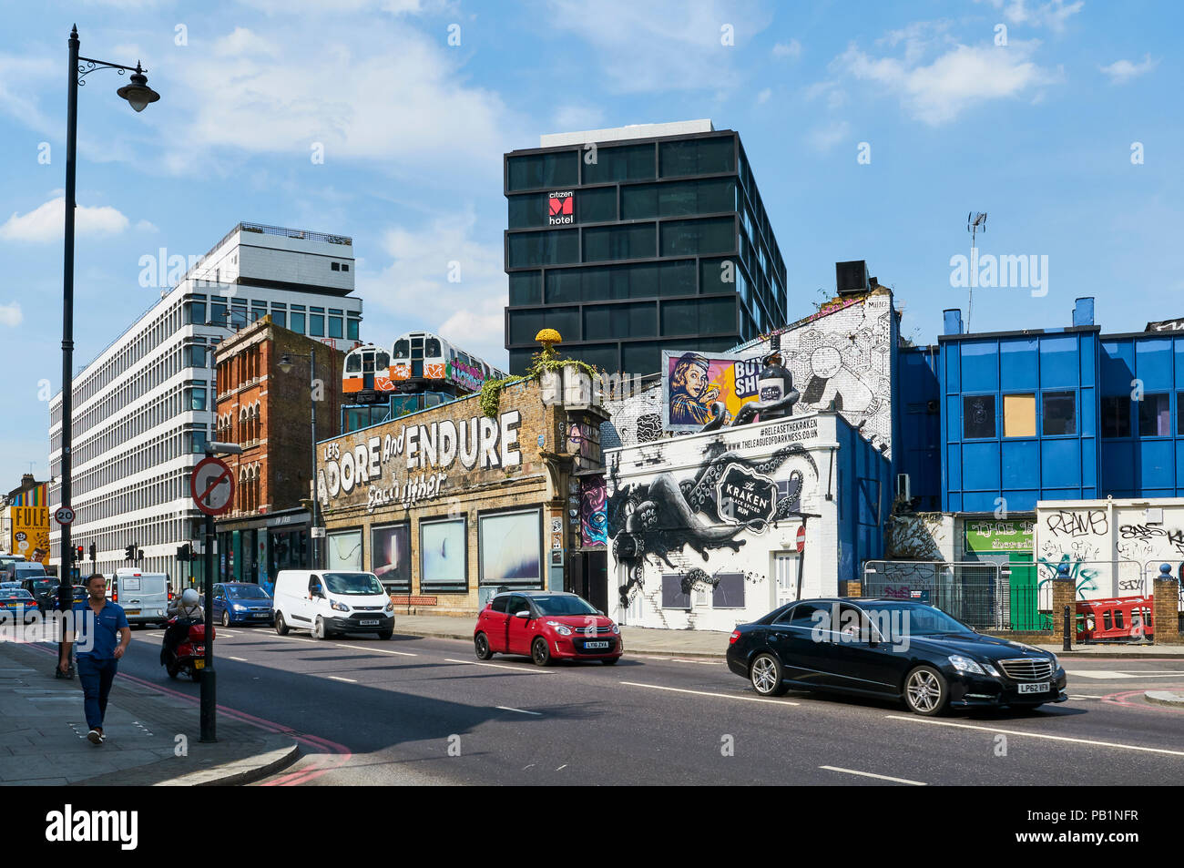 Gebäude und Wandmalereien an Great Eastern Street, Shoreditch, East London, Großbritannien Stockfoto