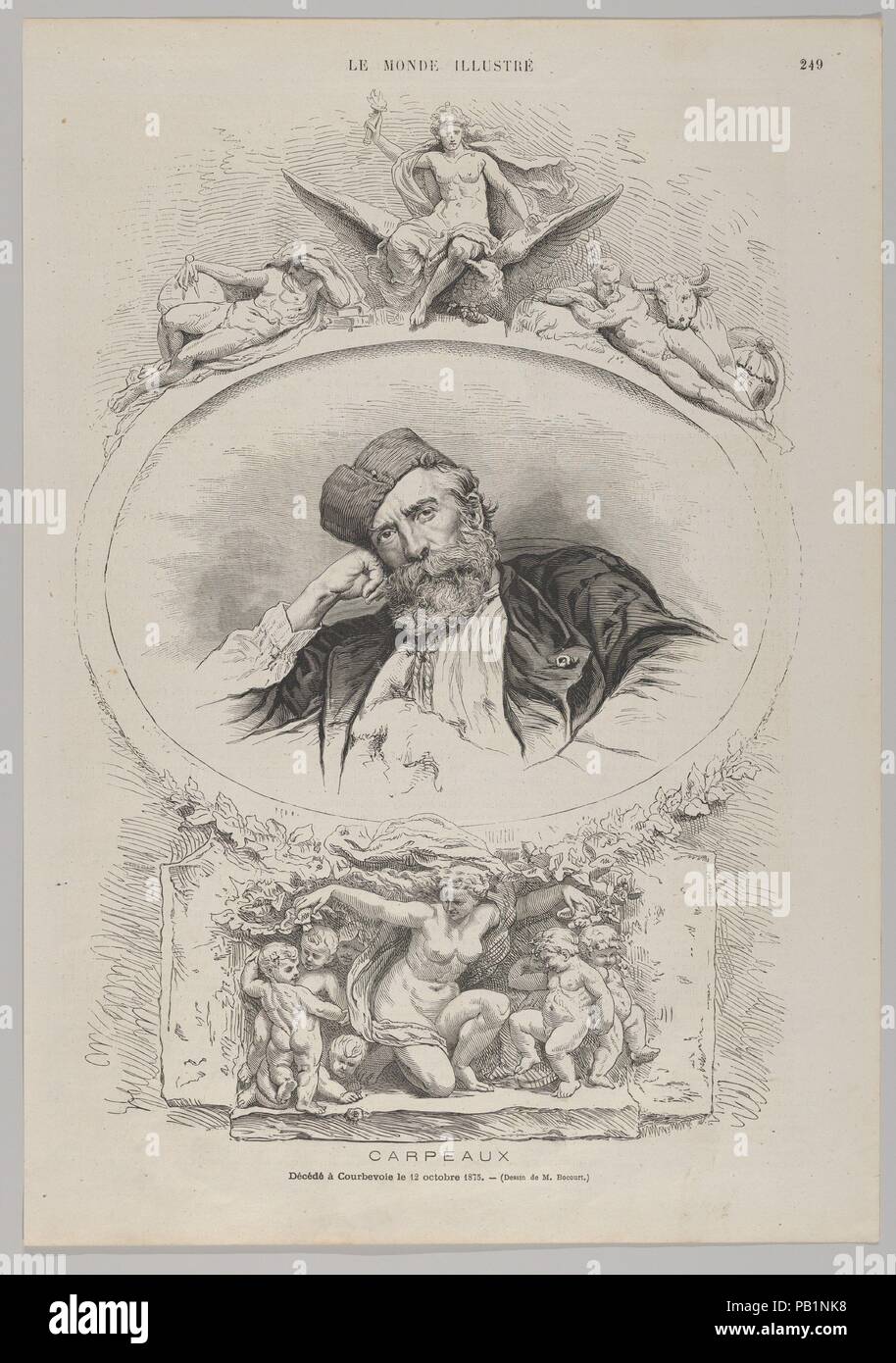 Portrait von Jean-Baptiste Carpeaux, aus "Le Monde Illustré". Künstler: Anonym, Französisch, 19. Jahrhundert, nach Étienne-Gabriel Bocourt (Französisch, geboren 1821). Maße: Blatt: 14 1/2 x 10 1/4 in. (36,9 × 25,9 cm). Sitter: Jean-Baptiste Carpeaux (Französisch, Valenciennes 1827-1875 Courbevoie). Datum: 16. Oktober 1875. Museum: Metropolitan Museum of Art, New York, USA. Stockfoto