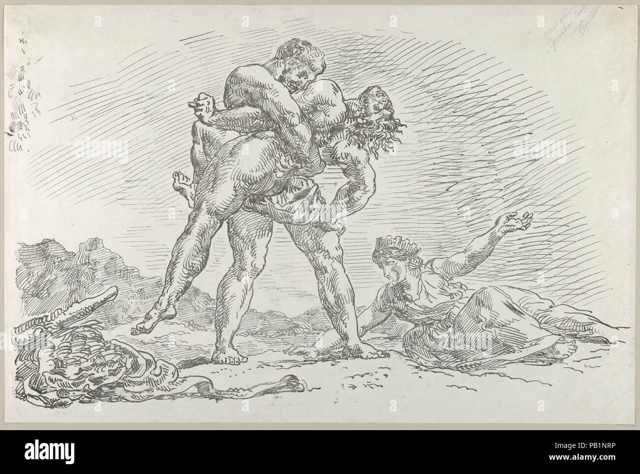 Hercules und Antaeus. Künstler: Eugène Delacroix (Französisch, Charenton-Saint-Maurice 1798-1863 Paris). Abmessungen: Insgesamt: 17 3/8 x 11 1/2 in. (44,2 x 29,2 cm). Datum: 1852. Museum: Metropolitan Museum of Art, New York, USA. Stockfoto