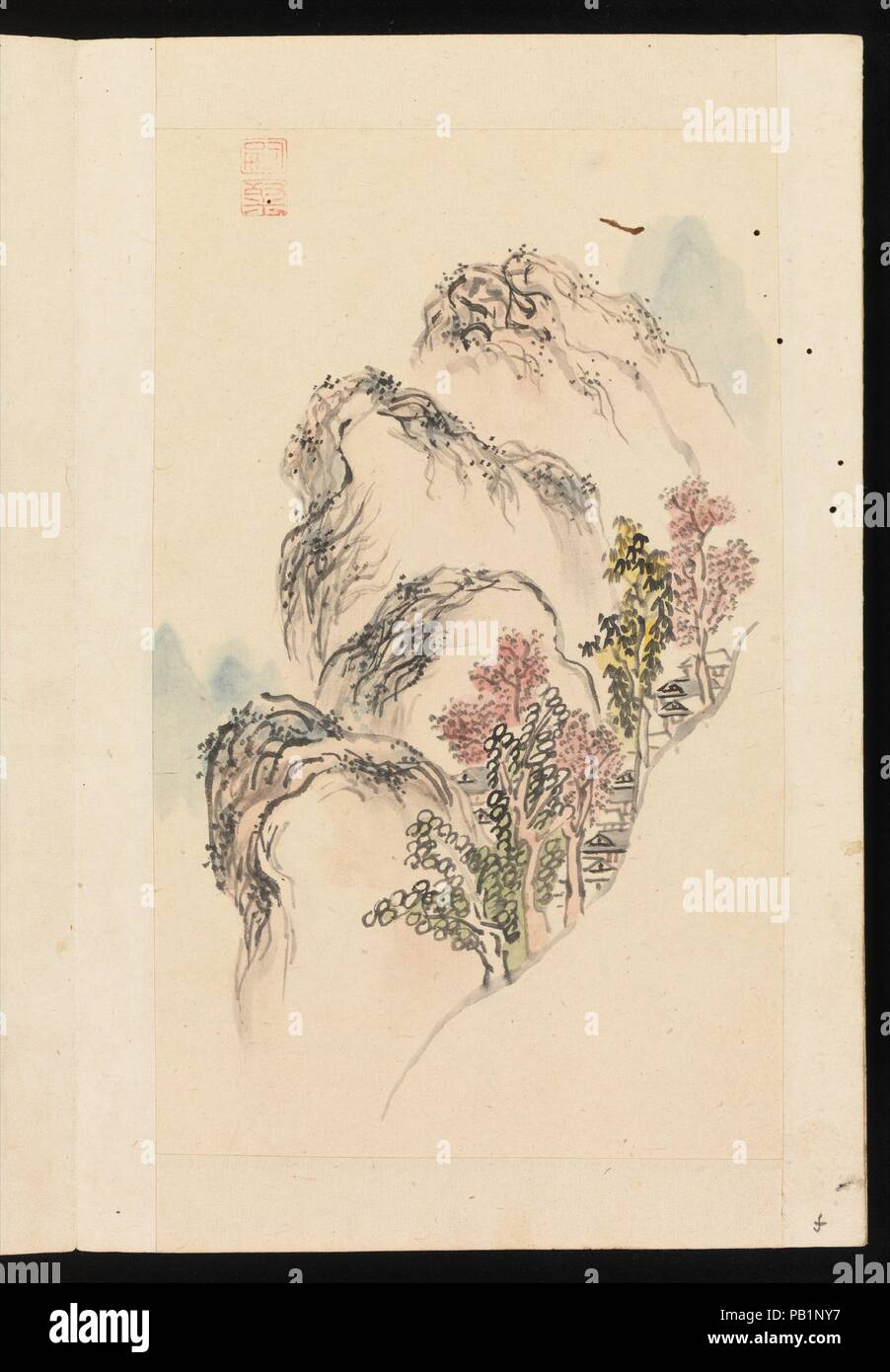 Album von Landschaftsbildern. Artist: kuwayama Gyokushu (Japanisch, 1746-1799). Kultur: Japan. Abmessungen: Bild (jeweils): 8 7/8 x 5 7/16 in. (22,5 x 13,8 cm) Insgesamt (Album) eröffnet: 10 1/2 x 13 5/8 in. (26,7 x 34,6 cm). Datum: Ende des 18. Jahrhunderts. Album Bilder von Landschaften ermöglichen die Darstellung von Raum, die endlos können selbst kleinste Seiten tief in die Phantasie des Betrachters zu erweitern. In diesen Gemälden, Gyokushu Versandkosten Kaufmann und Landwirt, wurde ein Künstler spät im Leben, zeigt eine literati Sensibilität gegenüber den Jahreszeiten, ähnlich wie sein Lehrer, Ike Taiga (1723-1776). Stockfoto