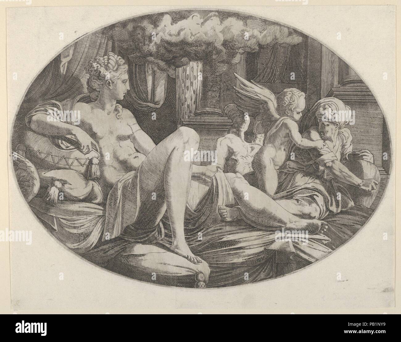 Danae. Artist: Léon Davent (Französisch, aktive 1540-56); Nach Francesco Primaticcio (Italienisch, Bologna 1504/5-1570 Paris). Maße: Blatt: 9 3/16 x 11 5/8 in. (23,3 × 29,6 cm) Platte (oval): 8 1/2 in. × 11 cm. (21,6 × 29,6 cm). Datum: Ca. 1542-47. Museum: Metropolitan Museum of Art, New York, USA. Stockfoto