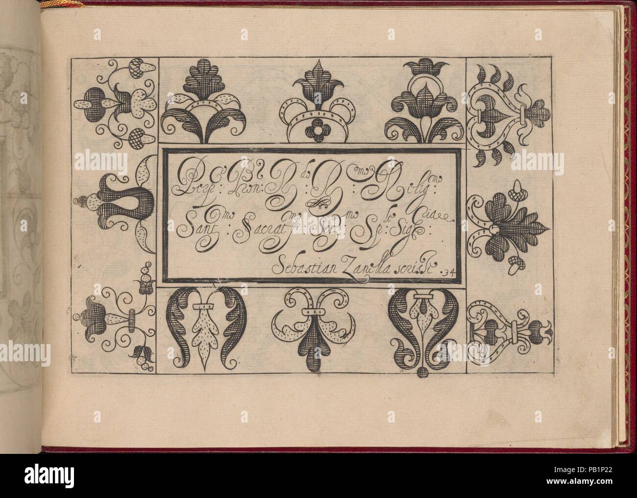Ghirlanda: Di sei vaghi Fiori scielti da piu famosi Giardini d'Italia, Seite 42 (recto). Designer: Pietro Paulo Tozzi (Italienisch, aktive 1593-1628). Abmessungen: Insgesamt: 5 7/8 x 7 7/8 in. (15 x 20 cm). Herausgeber: Libraria del Giesu, Padua. Datum: 1. Oktober 1604. Von Pietro Paulo Tozzi, von Libraria del Giesu, Padua veröffentlicht. Kalligraphie von Antonello Bertozzi und Sebastian Zanella, schriftgelehrte von Padua. Design besteht aus einem zentralen Rechteck auf der handschriftliche Text in Schwarz gedruckt wird. Alle Seiten des mittleren Abschnitt sind Grenzen, die mit einem anderen Patt eingerichtet sind. Stockfoto