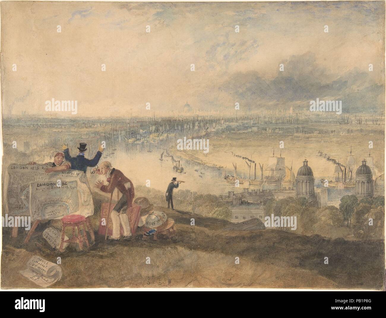 Blick auf die London von Greenwich. Artist: Joseph Mallord William Turner (Briten, London 1775-1851 London). Maße: Blatt: 8 3/8 x 11 in. (21,3 x 28 cm). Datum: 1825. Turner Hier bietet ein Panorama von Greater London als von Greenwich Park gesehen, nach unten in Richtung der Naval Hospital von Sir Christopher Wren, die Themse ausgelegt, und die fernen Stadt. Der Vordergrund wird mit Karten und Globen übersät, mit einer Frau mit zwei Pläne für ein naval Rentner mit Brillen und Krücken zu prüfen - ein Verweis auf England's Vergangenheit. Etwas hinter, ein Mann in einem modisch hoch Hut gekleidet und Stockfoto