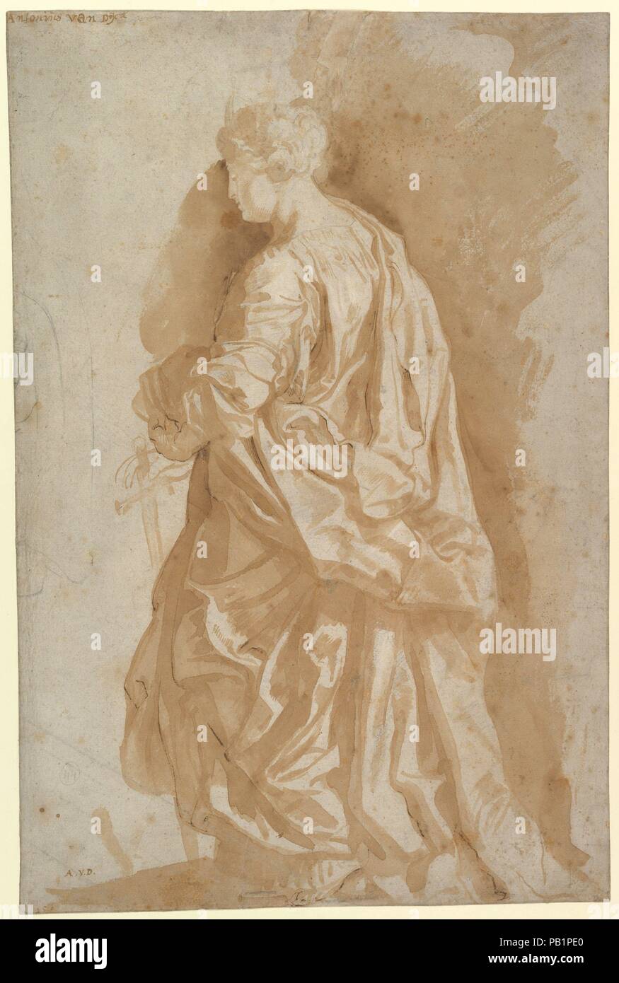 Studie über eine Stehende weibliche Heilige. Artist: Kreis von Peter Paul Rubens (Flämische, Siegen 1577-1640 Antwerpen). Maße: Blatt: 18 3/8 x 12 1/4 in. (46,7 x 30,9 cm). Datum: n. d.. Museum: Metropolitan Museum of Art, New York, USA. Stockfoto