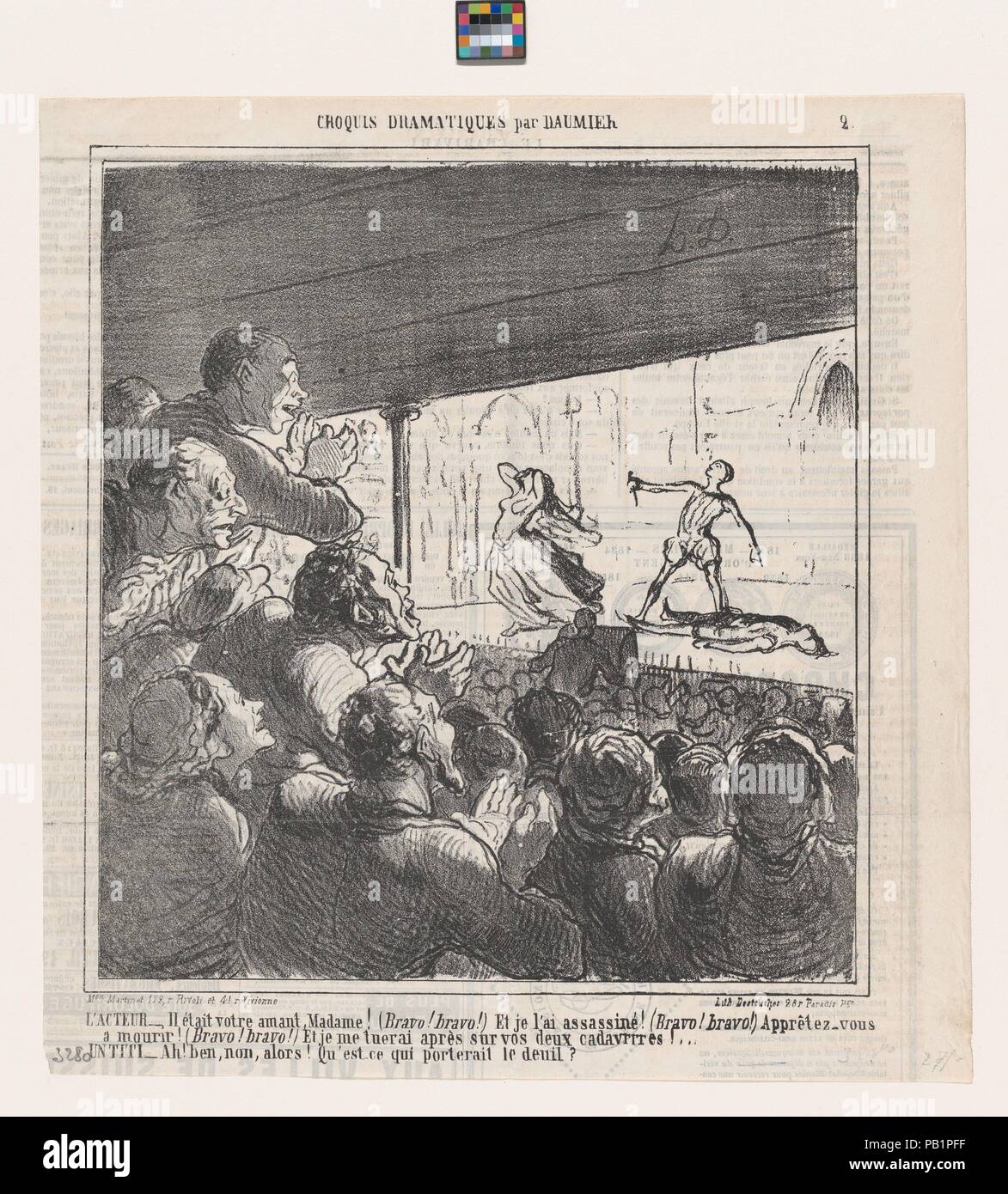 Der Schauspieler und eine street Urchin, aus 'dramatische Skizzen", in Le Charivari, 18. April 1864 veröffentlicht. Artist: Honoré Daumier (Französisch, Marseille 1808-1879 Valmondois). Abmessungen: Bild: 9 9/16 x 8 13/16-in. (24,3 × 22,4 cm) Blatt: 11 7/16 × 10 13/16-in. (29,1 × 27,5 cm). Drucker: destouches (Paris). Herausgeber: Aaron Martinet (Französisch, 1762-1841). Serie/Portfolio: 'dramatische Skizzen" (Croquis dramatiques). Datum: April 18, 1864. Die Schauspieler: - Er war Ihr geliebter Madame! (Bravo! Bravo!) Und ich ihn getötet! (Bravo! Bravo!). Vorbereiten zu sterben! (Bravo! Bravo!) und ich werde mich auf die zwei Co töten Stockfoto