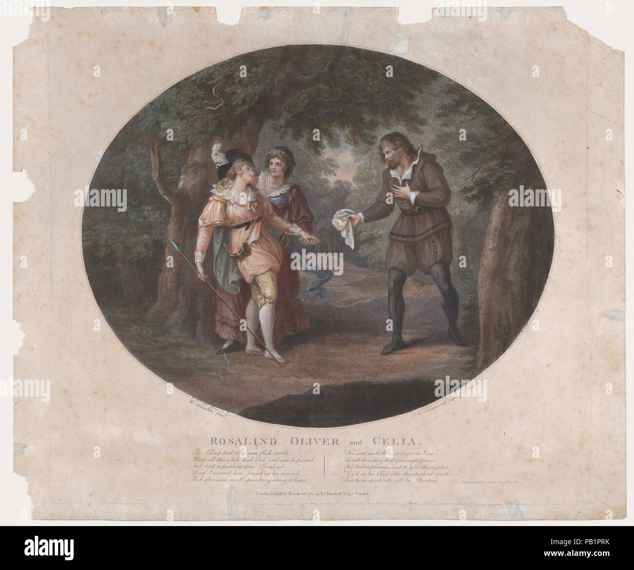 Rosalind, Oliver und Celia (Shakespeare, Wie es Euch gefällt, Akt 4, Szene 6). Artist: Nach William Hamilton (British, London 1751-1801 London). Abmessungen: Bild: 12 3/16 x 14 15/16 in. (31 × 38 cm) Platte: 15 5/8 x 17 1/4 in. (39,7 × 43,8 cm). Engraver: peltro William Tomkins (Briten, London 1759-1840 London). Herausgeber: James Birchall (Briten, aktive 1781-94). Betrifft: William Shakespeare (Britisch, Stratford-upon-Avon 1564-1616 Stratford-upon-Avon). Datum: 1791. Museum: Metropolitan Museum of Art, New York, USA. Stockfoto