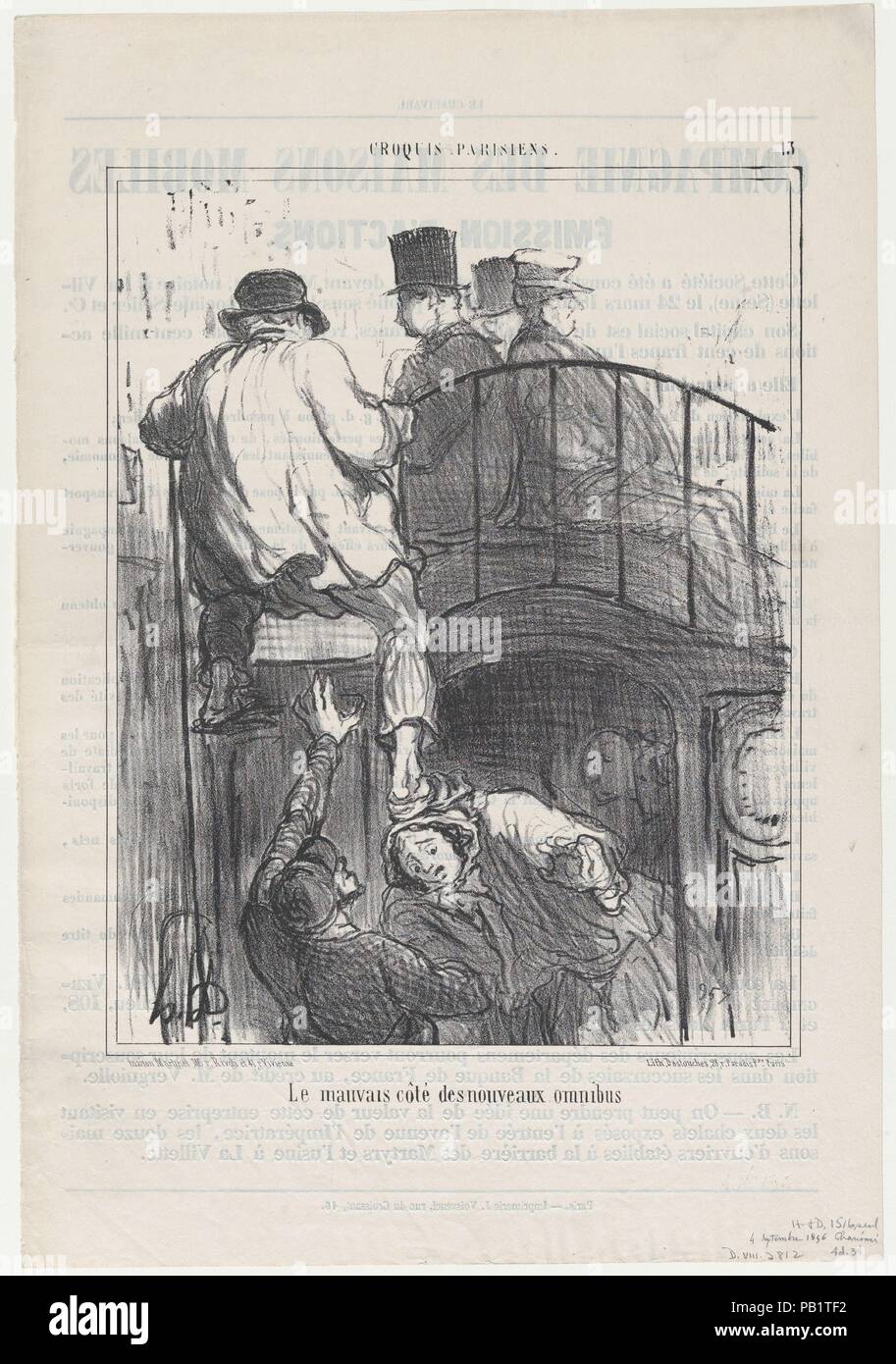 Le mauvais côté de nouveaux Omnibus, von Croquis Parisiens, in Le Charivari, 4. September 1856 veröffentlicht. Artist: Honoré Daumier (Französisch, Marseille 1808-1879 Valmondois). Maße: Blatt: 14 5/8 x 10 1/16-in. (37,2 × 25,6 cm) Bild: 10 1/8 x 7 7/8 in. (25,7 × 20 cm). Drucker: destouches (Paris). Herausgeber: Aaron Martinet (Französisch, 1762-1841). Serie/Portfolio: Croquis Parisiens. Datum: September 4, 1856. Museum: Metropolitan Museum of Art, New York, USA. Stockfoto
