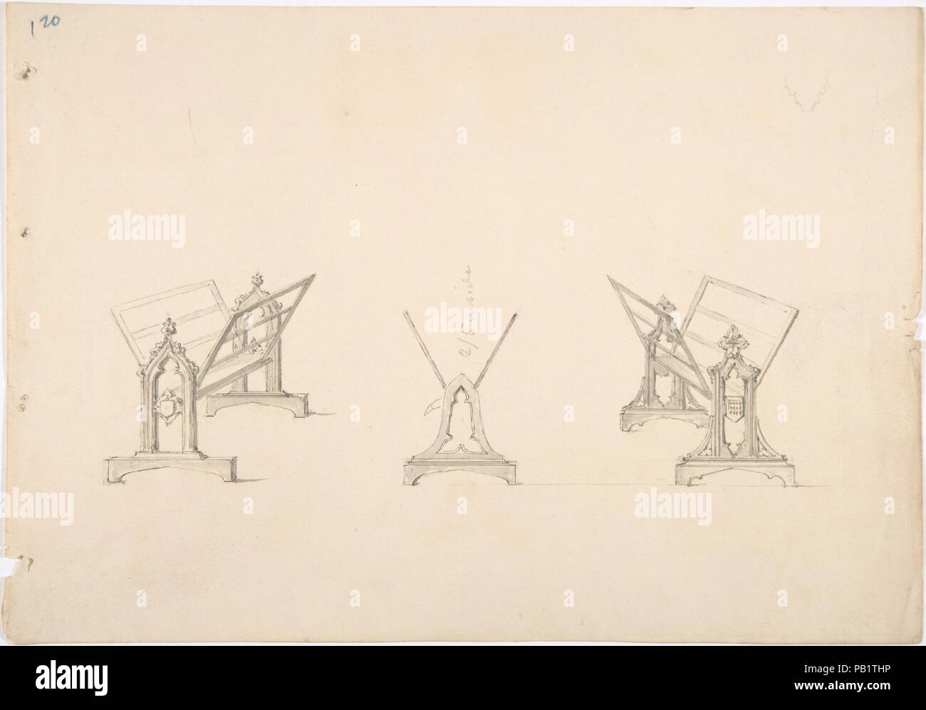 Design für drei Gotischen Stil Buch steht. Artist: Anonyme, Briten, 19. Maße: Blatt: 8 9/16 x 12 5/16 in. (21,8 x 31,2 cm). Datum: Anfang des 19. Jahrhunderts. Museum: Metropolitan Museum of Art, New York, USA. Stockfoto