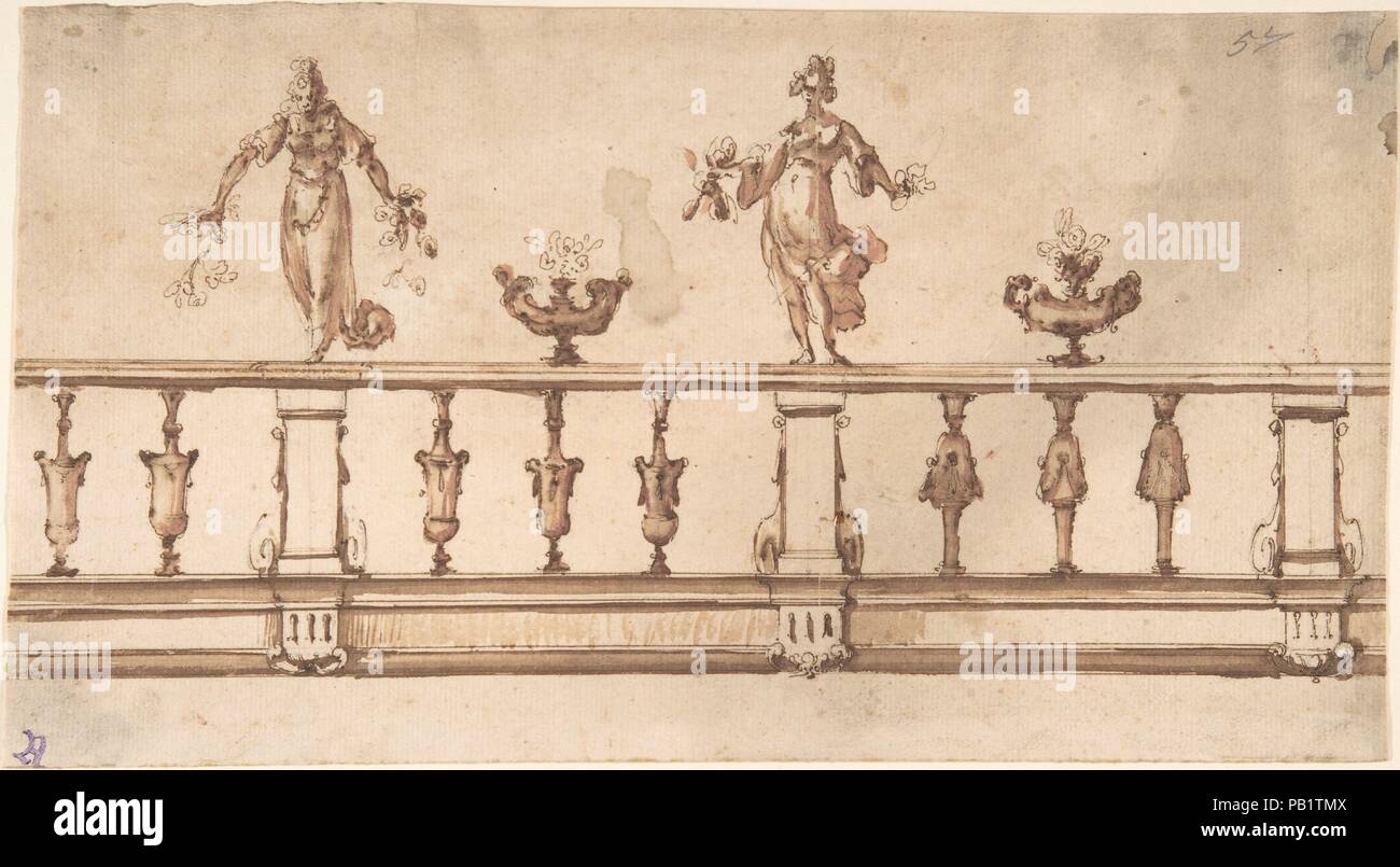 Design für eine Balustrade mit weiblichen Figuren und Urnen. Artist: Giulio Parigi (Italienisch, 1571-1635). Maße: Blatt: 7x12 13/16-in. (17,8 x 32,5 cm). Datum: 16. bis 17. Jahrhundert. Museum: Metropolitan Museum of Art, New York, USA. Stockfoto