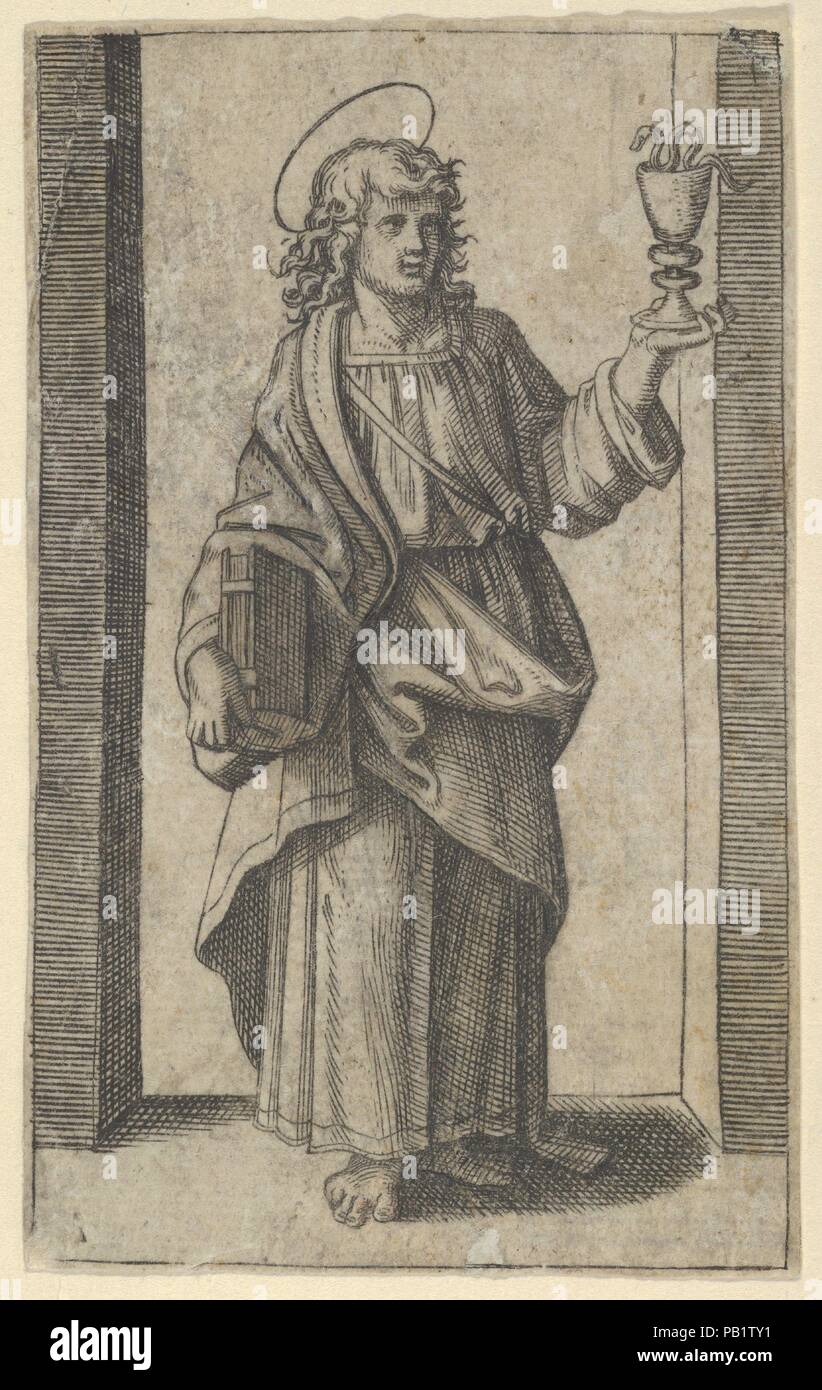 Saint John, buchen Sie im rechten Kelch in der Linken, aus der Serie "piccoli Santi" (kleine Heiligen). Artist: Marcantonio Raimondi (Italienisch, Argini (?) Ca. 1480 - vor 1534 Bologna (?)); Nach Raphael (Raffaello Sanzio oder Santi) (Italienisch, Urbino 1483-1520 Rom). Abmessungen: 3 5/16 x 2 in. (8,4 x 5,1 cm). Datum: Ca. 1500-1527. Museum: Metropolitan Museum of Art, New York, USA. Stockfoto