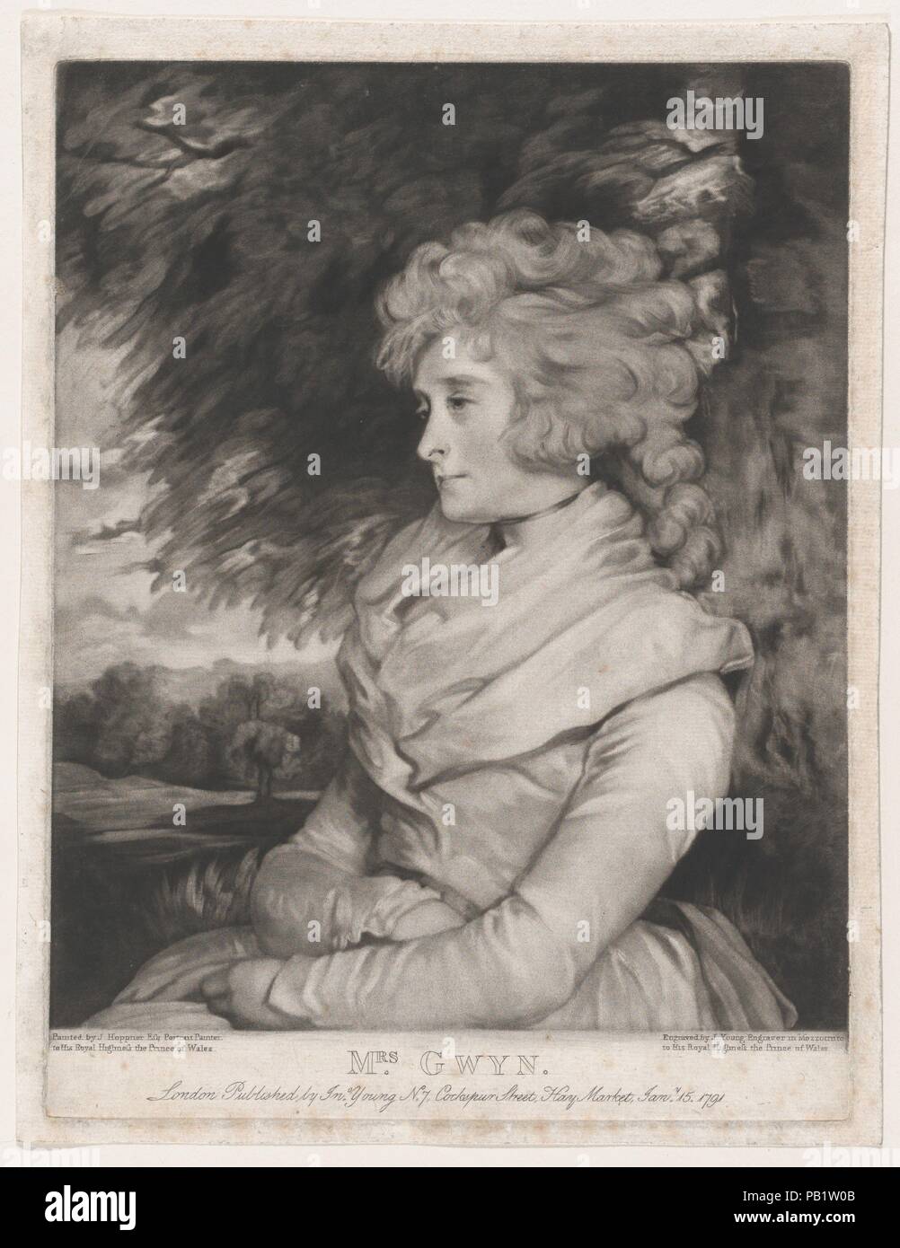 Frau Gwyn. Artist: Nach John Hoppner (Briten, London 1758-1810 London). Abmessungen: Platte: 12 1/16 x 9 1/8 in. (30,7 × 23,2 cm) Blatt: 12 3/4 x 9 13/16 in. (32,4 × 24,9 cm). Engraver: John Young (British, 1755-1825 London). Herausgeber: John Young (British, 1755-1825 London). Sitter: Maria Gwyn (Britisch, Ca. 1752-1840). Datum: 15. Januar 1791. Museum: Metropolitan Museum of Art, New York, USA. Stockfoto