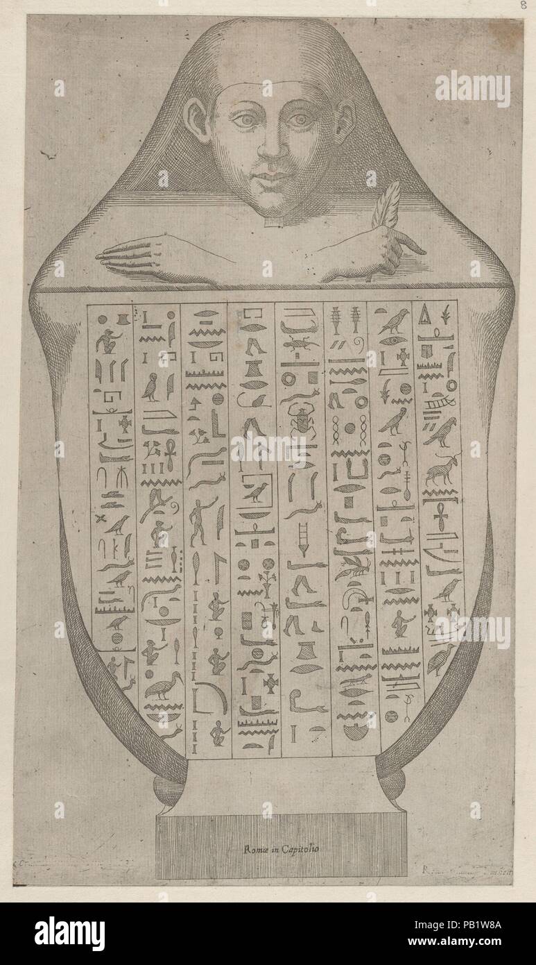 Speculum romanae Magnificentiae: Gesicht eines ägyptischen canopic Vase. Artist: zugeschrieben, Étienne DuPérac (Französisch, Ca. 1535-1604). Abmessungen: Mount: 18 1/8 x 13 1/4 in. (46 x 33,5 cm) Blatt: 14 3/16 x 8 1/8 in. (36 x 20,6 cm). Herausgeber: Claudio Duchetti (Italienisch, aktive Venedig und Rom, Ca. 1565 - starb. 1585); Giovanni Orlandi (Italienisch, Aktiv, Rom, Neapel, von Ca. 1590-1613, gestorben 1640). Serie/Portfolio: Speculum romanae Magnificentiae. Datum: Ende 16. bis Anfang des 17. Jahrhunderts. Dieser Ausdruck stammt aus der Kopie für das Museum von Speculum romanae Magnificentiae (Der Spiegel der Römischen Magnific Stockfoto