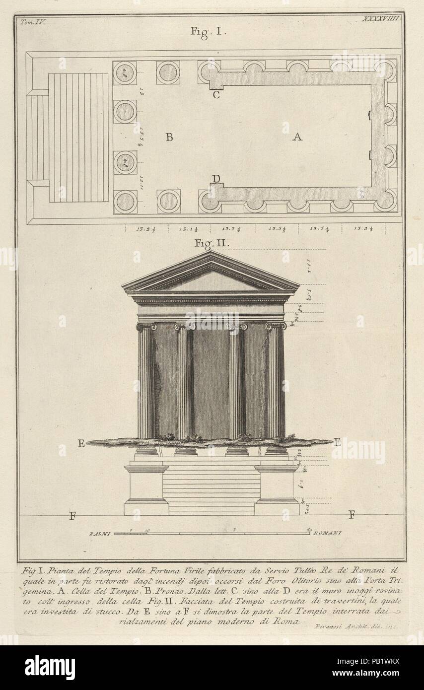 Plan und Fassade der Tempel der Fortuna Virilis (Tempio della Fortuna Virile), aus der Serie "Le Antichità Romane". Artist: Giovanni Battista Piranesi (Italienisch, Mogliano Veneto Rom 1720-1778). Maße: Blatt: 20 3/8 x 14 3/4 in. (51,8 x 37,4 cm) Platte: 9 3/4 x 10 1/8 in. (24,7 x 25,7 cm). Serie/Portfolio: Le Antichità Romane. Datum: 1756. Museum: Metropolitan Museum of Art, New York, USA. Stockfoto