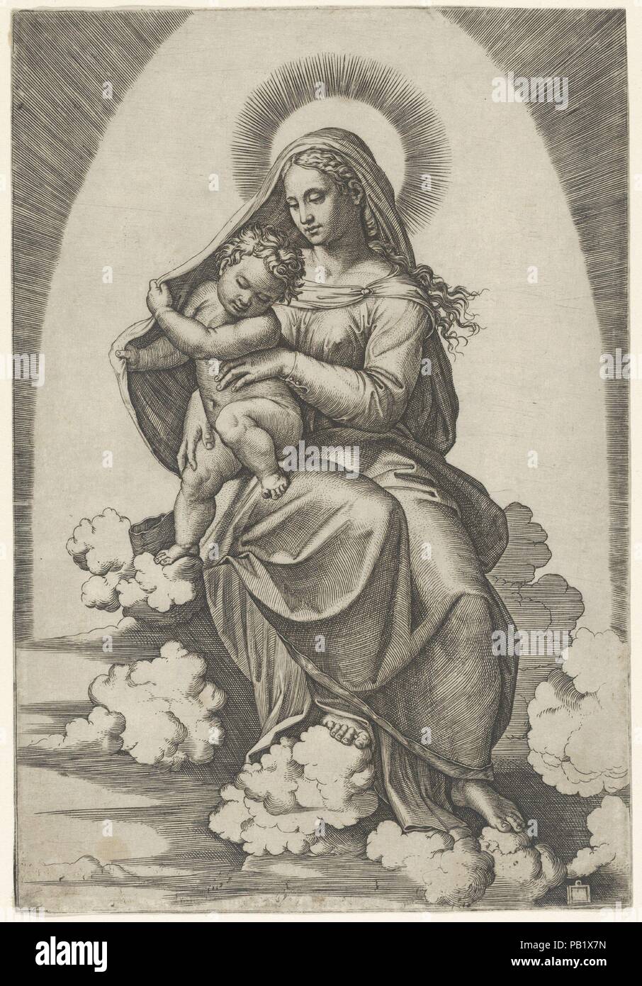 Madonna und Kind. Artist: Marcantonio Raimondi (Italienisch, Argini (?) Ca. 1480 - vor 1534 Bologna (?)); entworfen von Raphael (Raffaello Sanzio oder Santi) (Italienisch, Urbino 1483-1520 Rom). Abmessungen: 9 3/4 x 6 5/8 in. (24,7 x 16,9 cm). Datum: Ca. 1512-16. Museum: Metropolitan Museum of Art, New York, USA. Stockfoto