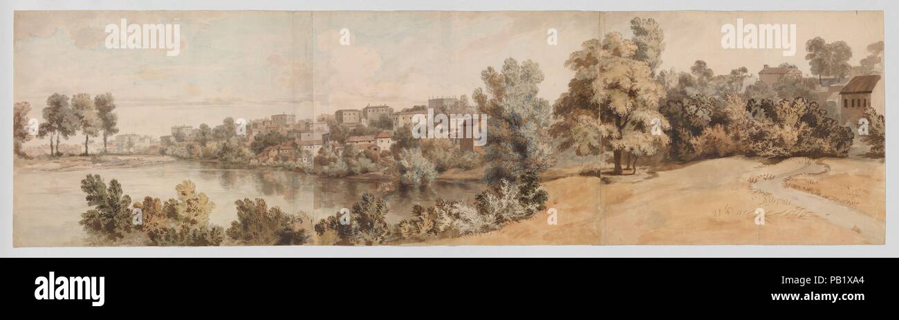 Italienisch anmutende Flusslandschaft. Künstler: William Taverner (Briten, London 1700-1772 London). Maße: Blatt: 12 5/8 x 46 11/16 in. (32,1 × 118,6 cm). Datum: 1750-60. So früh wie 1733 John taverner hatte Vertue geltend gemacht, dass ein "wunderbares Genie zu Zeichnung der Landskap, in hervorragender Weise", und der Künstler ist für den Nachweis der britische Künstler wie italienische und niederländische Modi, die vorher mit Öl Malerei verbundenen erinnerte, in Aquarell übersetzt werden konnte. "Italianate Flusslandschaft" kapselt wunderschön experimentelle Taverner's Ansatz. Schichten von Ton definieren, Körperfarbe stärken Stockfoto