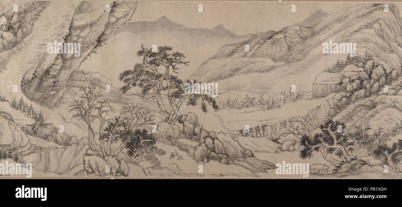 Reisen inmitten der Flüsse und Bäche sowie Berge. Künstler: Liu Yu (Chinesisch, 1620 - nach 1689). Kalligraph: Geschrieben von Liu Yu (Chinesisch, 1620 - nach 1689). Kultur: China. Abmessungen: 10 cm x 200 cm. (26.4 x 508.6 cm). Datum: datiert 1680. Die in der cosmospolitan Stadt Nanjing, Liu Yu wurde für ein breites Spektrum von künstlerischen Einflüssen ausgesetzt. Seine volumetrische Berg Massen in schwungvollen Muster bekleidet spiegeln den Einfluss der Dong Qichang (1555-1636). Das blasse, trockene brushwork von jet black Laub Punkte ein schlägt vor, daß die Vertrautheit mit dem Anhui Schule Maler, während die fantastische Landschaft Formationen ein Stockfoto