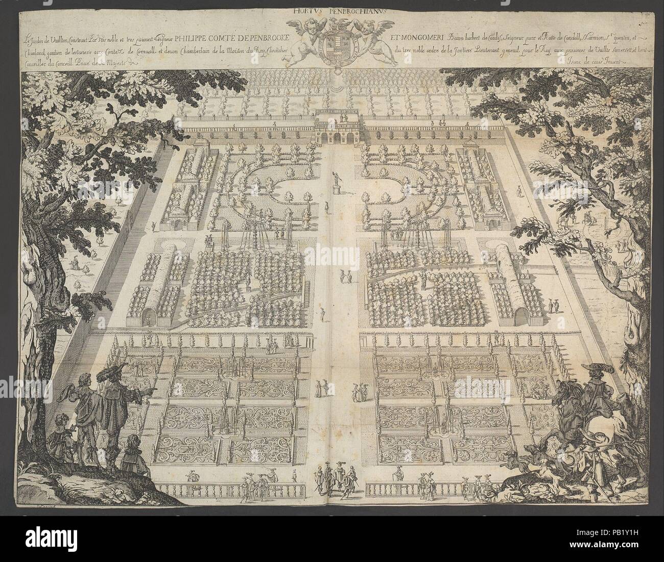 Wilton Garten, Platte 1. Designer: Isaac de Caus (British (Frankreich) geboren, Dieppe 1590 - nach 1655). Abmessungen: (Ausgeklappt): 16 1/8 x 20 9/16 in. (41 × 52,3 cm). Plasmaätzer: Peter Stent (Briten, aktive Ca. 1615/17-1665). Erschienen in: London. Herausgeber: Thomas Rowlett (London). Datum: Ca. 1640. Der Garten von Wilton House (Wiltshire), berühmt für ihre achtzehnte Jahrhundert Landschaft Design mit Englands erste Palladianische Brücke, war ursprünglich in der Mitte-1630 s von der Französischen - Isaak de Caus (1623-55) geboren. Es wurde von Philip Herbert, vierten Earl of Pembroke, zentrale in Betrieb genommen Stockfoto