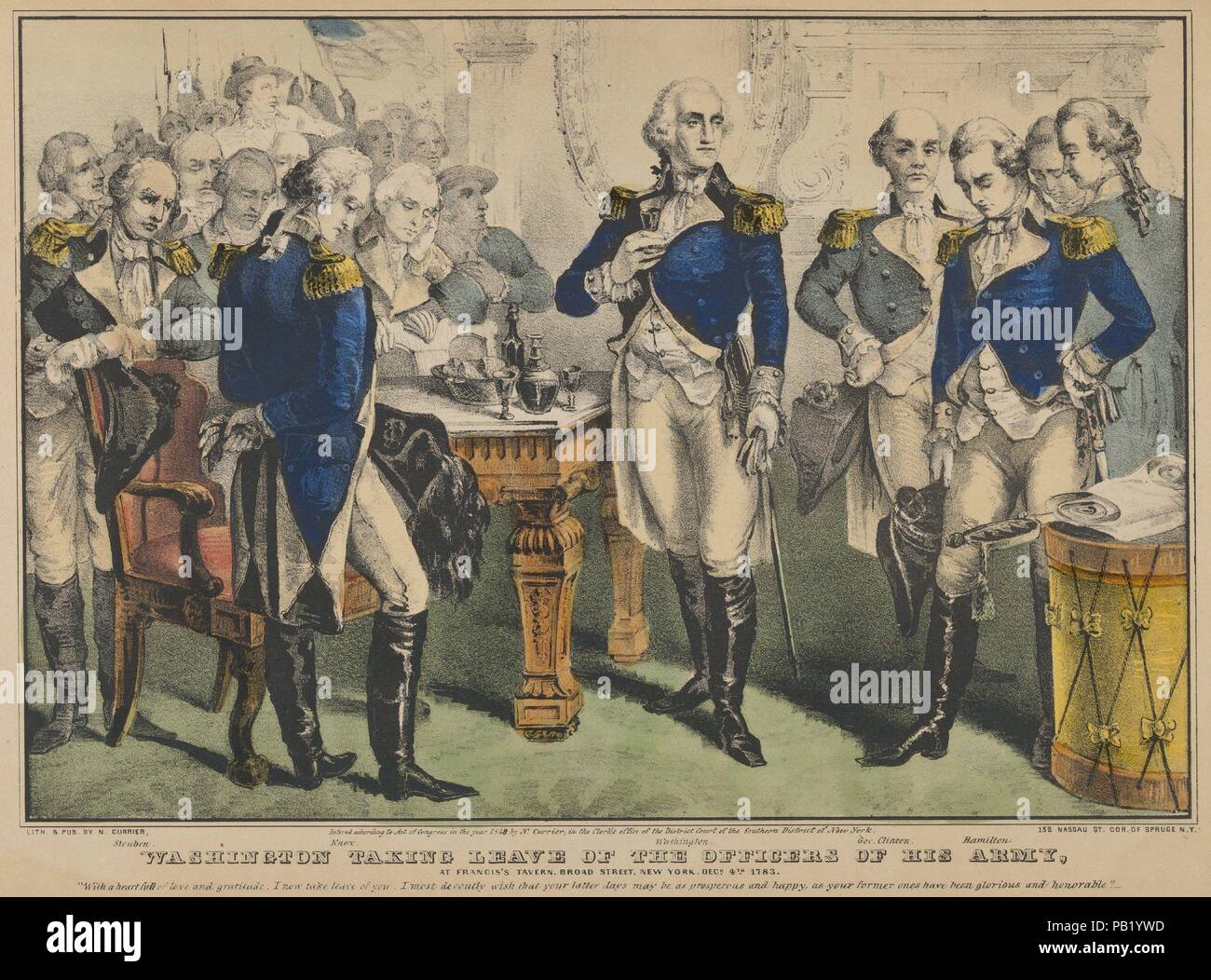 Washington Abschied von den Offizieren der Armee - im Francis's Tavern, Broad Street, New York, 4. Dezember 1783 - "Mit einem Herzen voller Liebe und Dankbarkeit, die ich jetzt von Ihnen Abschied. Ich inständig wünschen, dass ihre letzten Tage können als wohlhabend und glücklich, als ihr ehemaliger, glorreichen wurden und ehrenhaft.". Abmessungen: Bild: 8 9/16 x 12 3/8 in. (21,7 × 31,5 cm) Blatt: 10 1/16 x 13 7/8 in. (25,6 × 35,2 cm). Herausgeber: Lithographierte und durch Nathaniel Currier (Amerikanisch, Roxbury, Massachusetts 1813-1888 New York) veröffentlicht. Sitter: George Washington (American, 1732-1799). Datum: 1848. Szene f Stockfoto