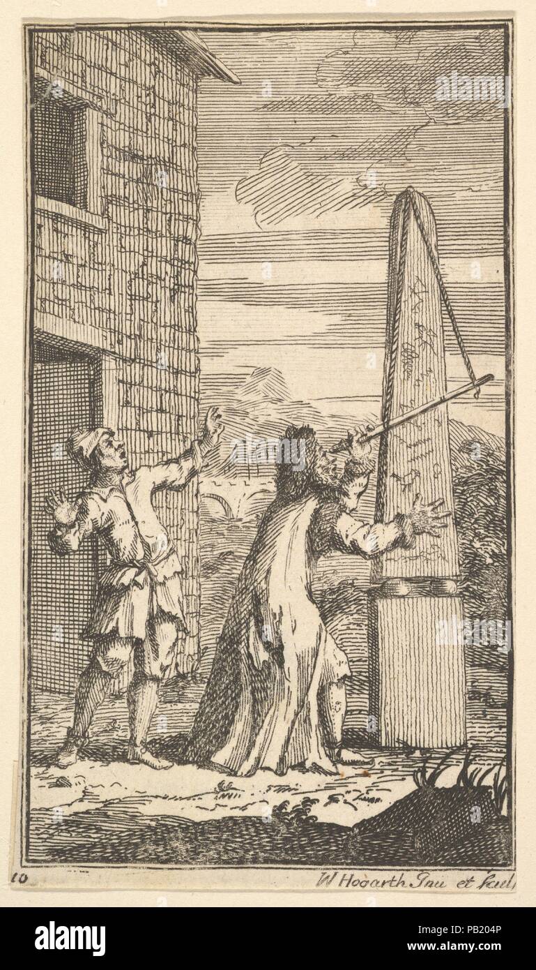 Sidrophel Prüfung der Kite durch sein Teleskop (17 kleine Illustrationen für Samuel Butlers Hudibras, nein. 10). Künstler: William Hogarth (Briten, London 1697-1764 London). Thema: Veranschaulicht Samuel Butler (Briten, getauft Strensham, Worcestershire, 1613-1680 Covent Garden). Maße: Blatt: 4 3/4 x 2 5/8 in. (12 x 6,7 cm) (getrimmt). Datum: 1721-26. Museum: Metropolitan Museum of Art, New York, USA. Stockfoto