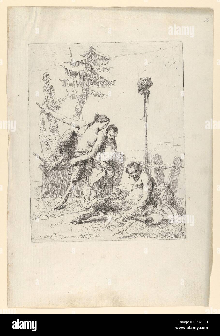 Satyr Familie (Pan und seine Familie), von der Scherzi. Künstler: Giovanni Battista Tiepolo (Italienisch, Venedig, Madrid, 1696-1770). Maße: Blatt: 13 1/2 x 10 3/8 in. (34,3 x 26,3 cm) Bild: 8 7/8 x 6 15/16 in. (22,6 x 17,6 cm). Datum: Ca. 1743-50. Tiepolo, der für seine leuchtenden Fresken der Olympischen Götter und allegorische Figuren bevölkerten berühmt wurde, gab seine Fantasie freien Lauf in seiner Serie drucken die Scherzi, von denen einige die Nymphen und Satyrn, waren Anhänger des Bacchus (Dionysos), der griechische Gott des Weines darstellen. Von der Renaissance an, Satyrn sind oft nicht zu unterscheiden von Pan - die Ziege - Stockfoto