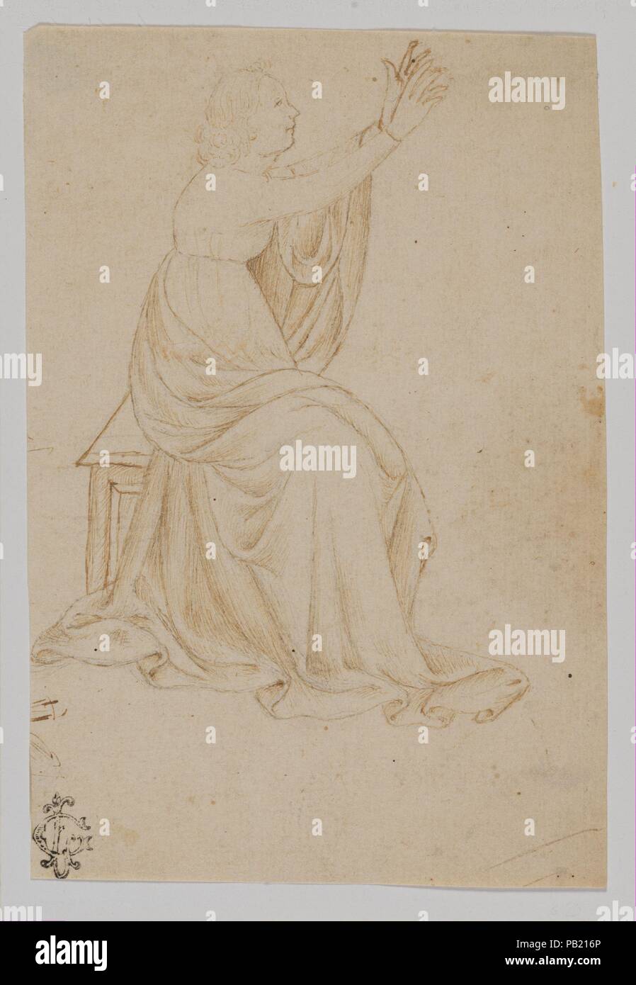 Sitzende weibliche Figur mit erhobenen Armen, nach Rechts. Artist: Veronese Schule (Mitte 15. Jahrhundert). Kultur: Italienisch, Verona. Abmessungen: 6 13/16 x 4 5/8 in. (17,3 x 11,8 cm). Datum: Mitte des 15. Jahrhunderts. Die sehr feinen, regelmäßigen schlüpfen und zarte, weiche Modellierung in dieser Zeichnung unterscheiden sich von den Stil von Stefano da Verona. 70 Die Abbildung mit einem Classicizing und skulpturale Qualität, der Künstler, ein unbekannter Veronese Verfasser von der Mitte des fünfzehnten Jahrhunderts, war besonders mit der Verdrehung Falten der Faltenwurf um die Figur. Die fehlenden Attribute und Einstellung machen es schwierig, zu d Stockfoto