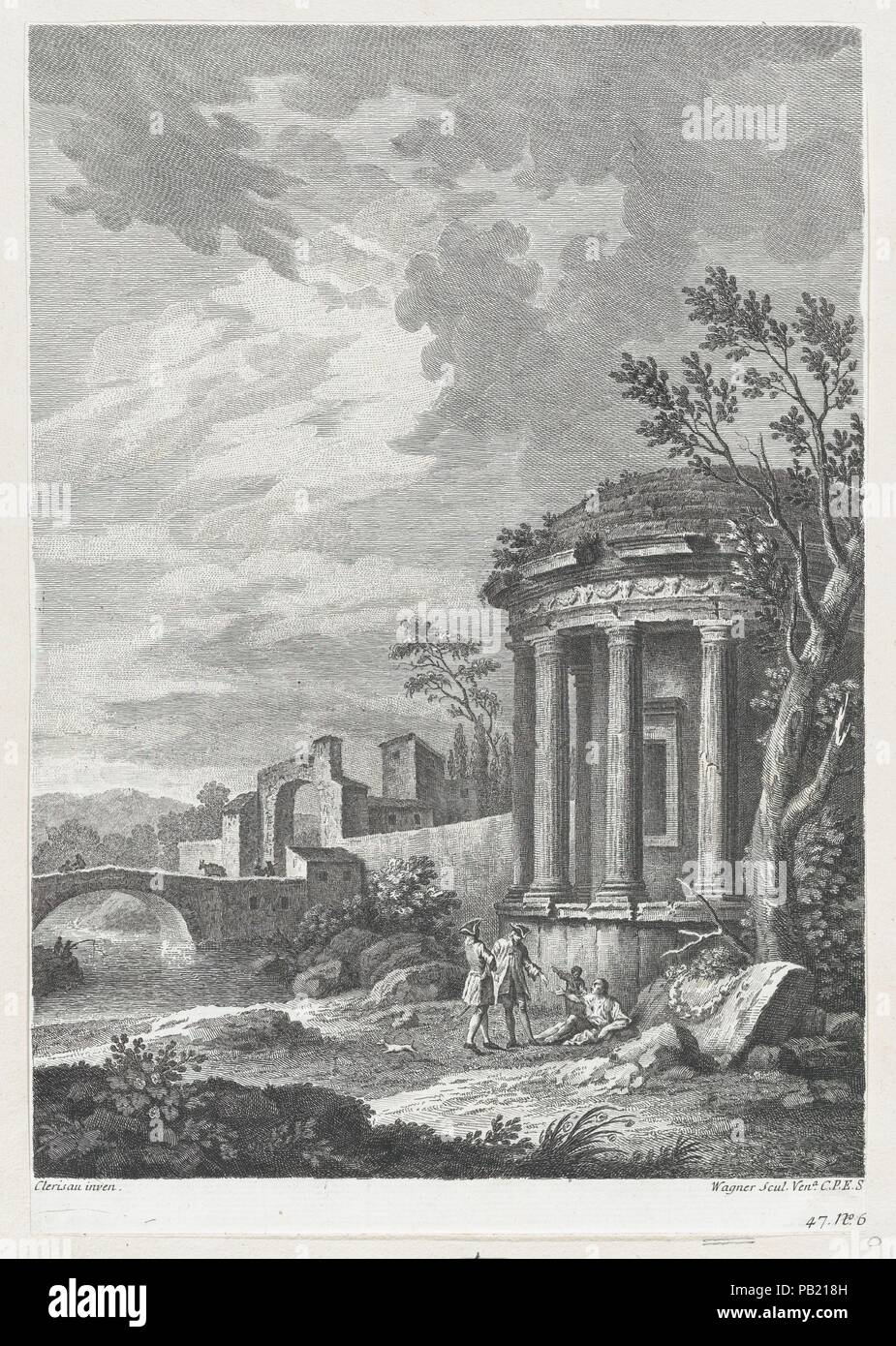 Landschaft mit Tempel. Artist: nach Charles Louis Clérisseau (Französisch, Paris 1721-1820 Auteuil). Künstler und Verleger: Joseph Wagner (Italienisch, Thalendorf 1706-1780 Venedig). Abmessungen: Blatt (getrimmte): 14 3/16 x 9 3/4 in. (36 × 24,8 cm). Erschienen in: Venedig. Datum: Ca. 1750-70. Museum: Metropolitan Museum of Art, New York, USA. Stockfoto
