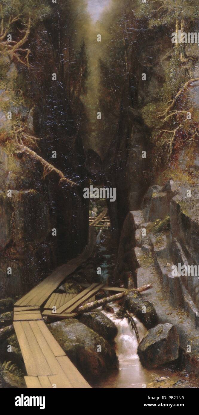 Der Boulder und die Wildwasserbahn. Artist: Ralph Albert Blakelock (1847-1919). Abmessungen: 54 x 28 in. (137,2 x 71,1 cm). Datum: 1878. Dieses Bild, wahrscheinlich im Jahre 1878 gemalt, zeigt einem bekannten Punkt in den White Mountains von New Hampshire im Franconia Notch. Blakelock hatte die Website auf seinen Flitterwochen Reise besucht. Die romantische Begeisterung der tiefen Kluft in die Felsen und die bedrohliche Boulder so prekär gestellt über dem eisigen Stream vorgelegt worden, paradoxerweise, mit großer Offenheit und Objektivität. Die gesamte Oberfläche lackiert ist interessant mit starken Kontrast von Licht und Dunkel und von t Stockfoto