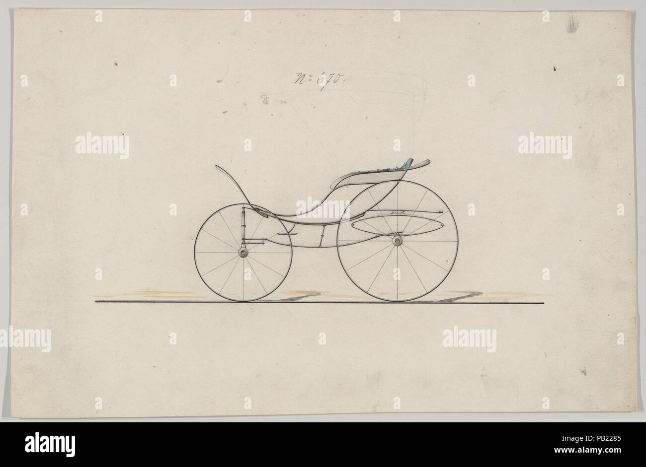 Design für Pony Phaeton, nein. 670. Maße: Blatt: 5 15/16 x 9 1/4 in. (15,1 x 23,5 cm). Hersteller: Brewster & Co (American, New York). Datum: Ca. 1860. Brewster & Unternehmen Geschichte Gegründet 1810 von James Brewster (1788-1866) in New Haven, Connecticut, Brewster&Company, bei der Herstellung von feinen Wagen spezialisiert. Der Gründer eröffnet Showroom in New York 1827 am 53-54 Broad Street, und das Unternehmen unter Generationen der Familie Führung blühte. Expansion erforderte bewegt sich rund um Manhattan, mit Namen Änderungen betreffen, die die Schichten von Management - James Brewster & Söhne Oper Stockfoto