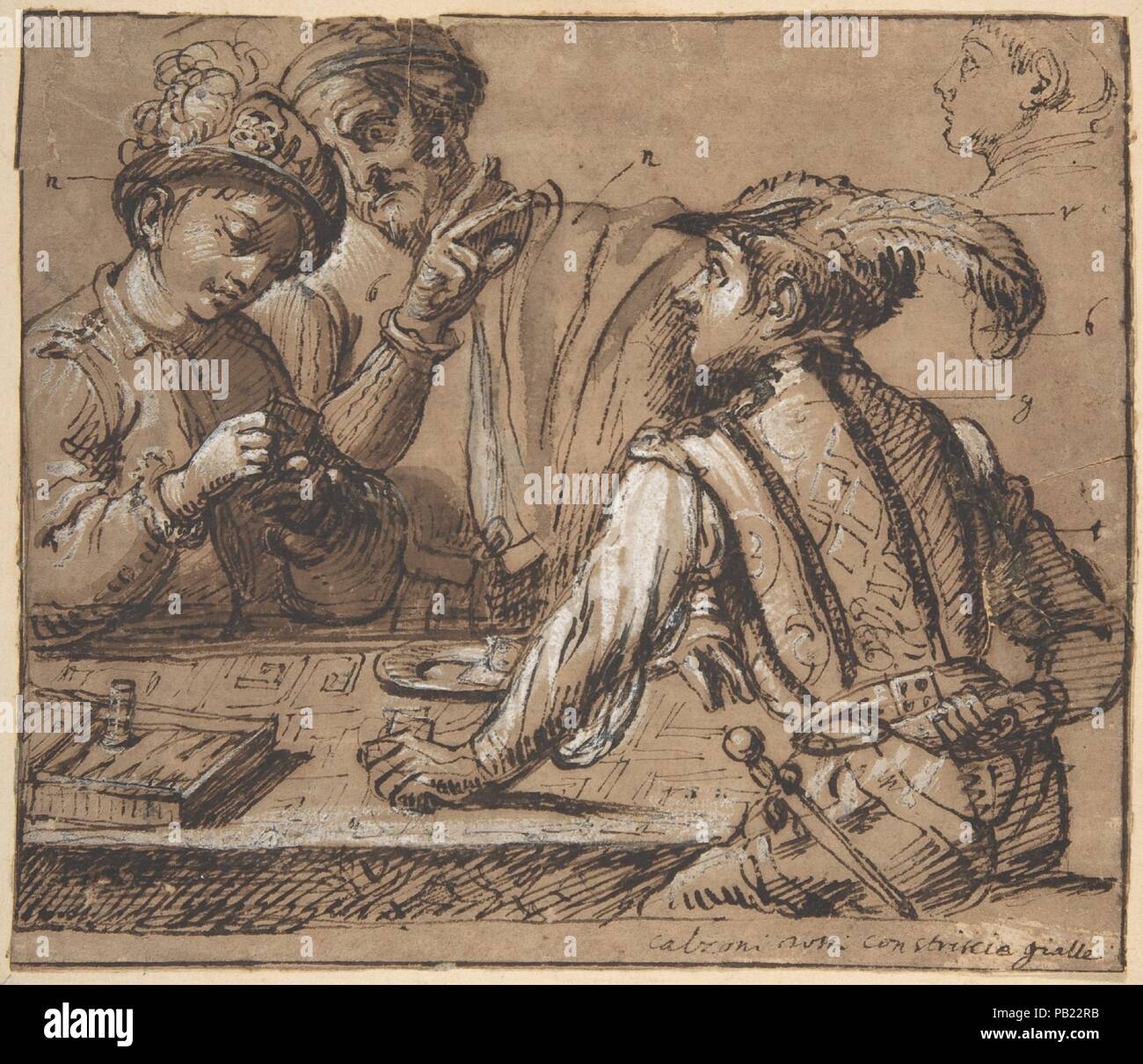 Studie nach Caravaggios "Cardsharps' mit Farbe fest. Artist: Anonyme, Italienisch; nach Caravaggio (Michelangelo Merisi) (Italienisch, Mailand oder Caravaggio 1571-1610 Porto Ercole). Maße: Blatt: 5 7/8 x 6 7/8 in. (15 x 17,5 cm). Datum: 1600-1700. Dies kraftvoll gerenderte Szene von Cardsharps durch ein Spiel Tabelle basiert auf einer Zusammensetzung von Caravaggio der gleichen Thema (Kimbell Art Museum, Fort Worth), ca. 1595-1600 gemalt, aber ist keine exakte Reprise des Gemäldes. Das Blatt enthält in der oberen rechten ein separates, Übersicht Skizze der Leiter den gleichen jungen Mann, der durch die Tabelle sitzt an Stockfoto