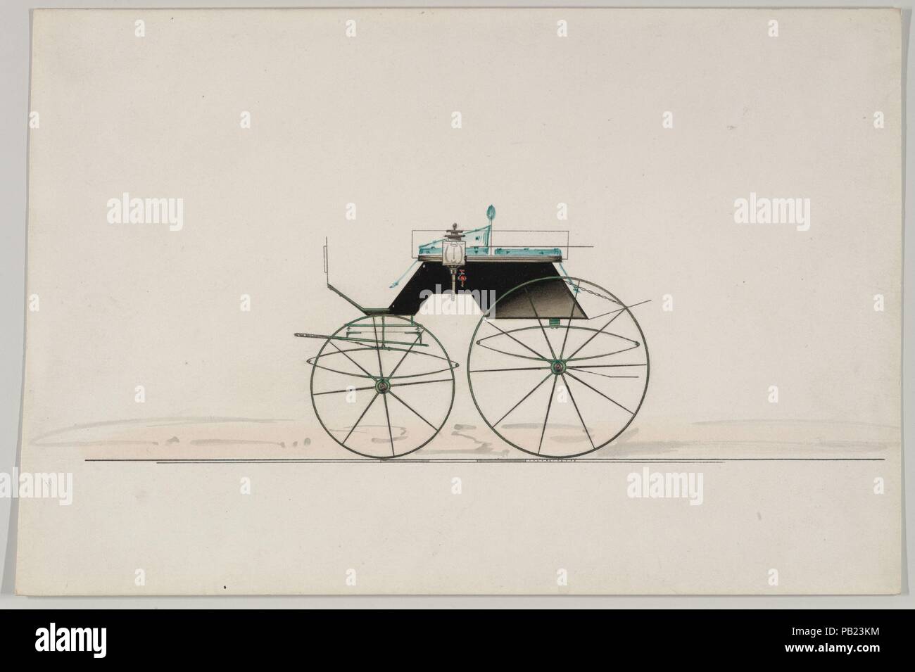 Design für 4 Sitz Phaeton, keine oben (ohne Nummer). Maße: Blatt: 6 1/16 x 9 1/16-in. (15,4 x 23 cm). Hersteller: Brewster & Co (American, New York). Datum: 1850-1870. Brewster & Unternehmen Geschichte Gegründet 1810 von James Brewster (1788-1866) in New Haven, Connecticut, Brewster&Company, bei der Herstellung von feinen Wagen spezialisiert. Der Gründer eröffnet Showroom in New York 1827 am 53-54 Broad Street, und das Unternehmen unter Generationen der Familie Führung blühte. Expansion erforderte bewegt sich rund um Manhattan, mit Namen Änderungen betreffen, die die Schichten von Management - James Brewster Stockfoto