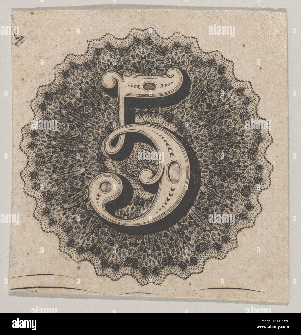 Banknote Motiv: Nummer 5 gegen eine kreisförmige Platte von LACE-wie Drehbank arbeiten mit einem gekerbten Rand. Artist: Verbunden mit Cyrus Durand (American, 1787-1868). Maße: Blatt: 1 9/16 x 1 9/16-in. (4 x 3,9 cm). Drucker: Gedruckt von A. B.&C. Durand & Company (Amerikanische, aktive 1824-27); Gedruckt von Durand, Perkins, und Firma (New York). Datum: Ca. 1824-42. Museum: Metropolitan Museum of Art, New York, USA. Stockfoto
