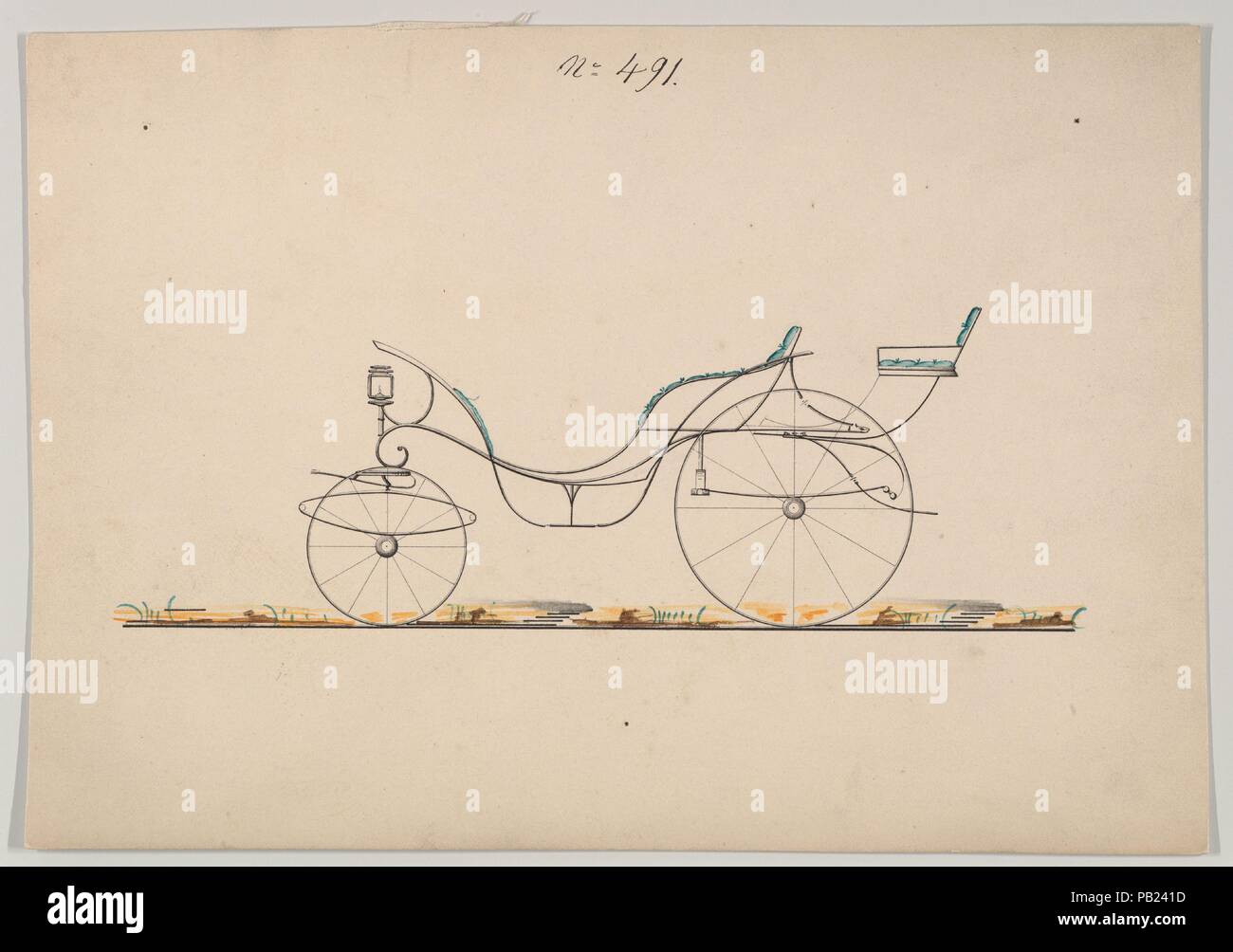 Design für den Phaeton Phaeton mit Rumble (Pony), No. 491. Maße: Blatt: 6 1/16 x 8 5/8 in. (15,4 x 21,9 cm). Hersteller: Brewster & Co (American, New York). Datum: 1850-1870. Brewster & Unternehmen Geschichte Gegründet 1810 von James Brewster (1788-1866) in New Haven, Connecticut, Brewster&Company, bei der Herstellung von feinen Wagen spezialisiert. Der Gründer eröffnet Showroom in New York 1827 am 53-54 Broad Street, und das Unternehmen unter Generationen der Familie Führung blühte. Expansion erforderte bewegt sich rund um Manhattan, mit Namen Änderungen betreffen, die die Schichten von Management Stockfoto